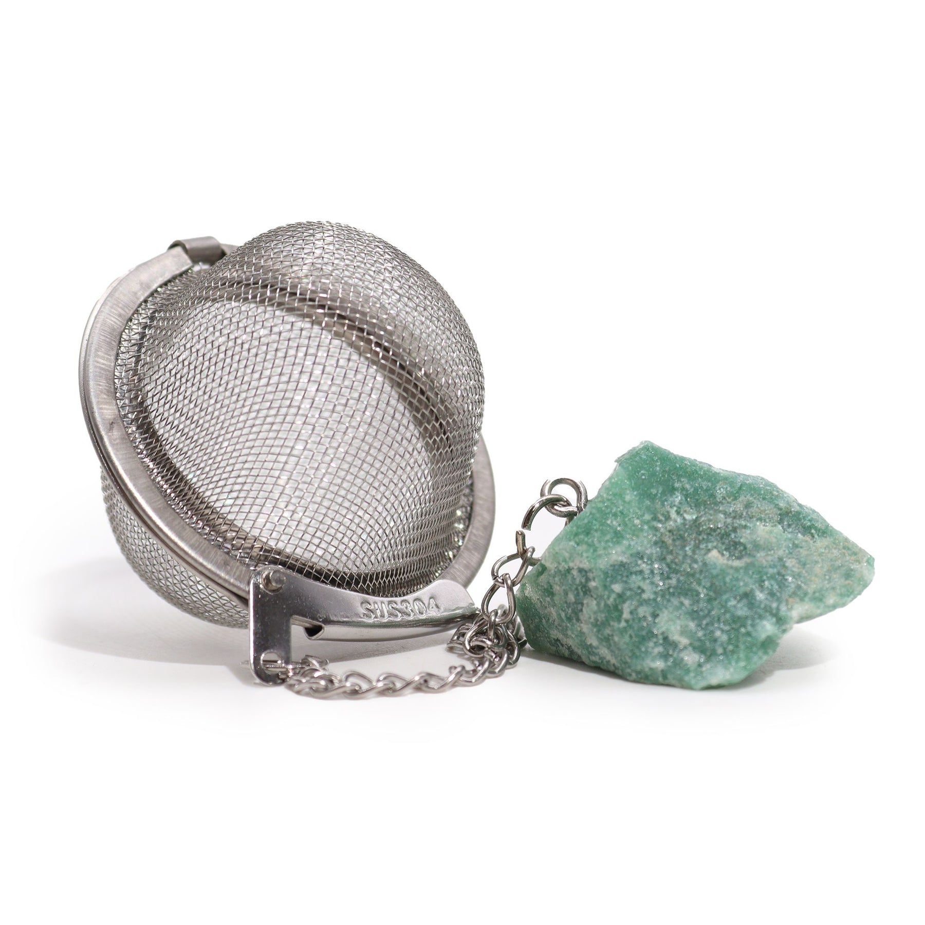 Raw green aventurine crystal tea strainer with stainless steel mesh basket