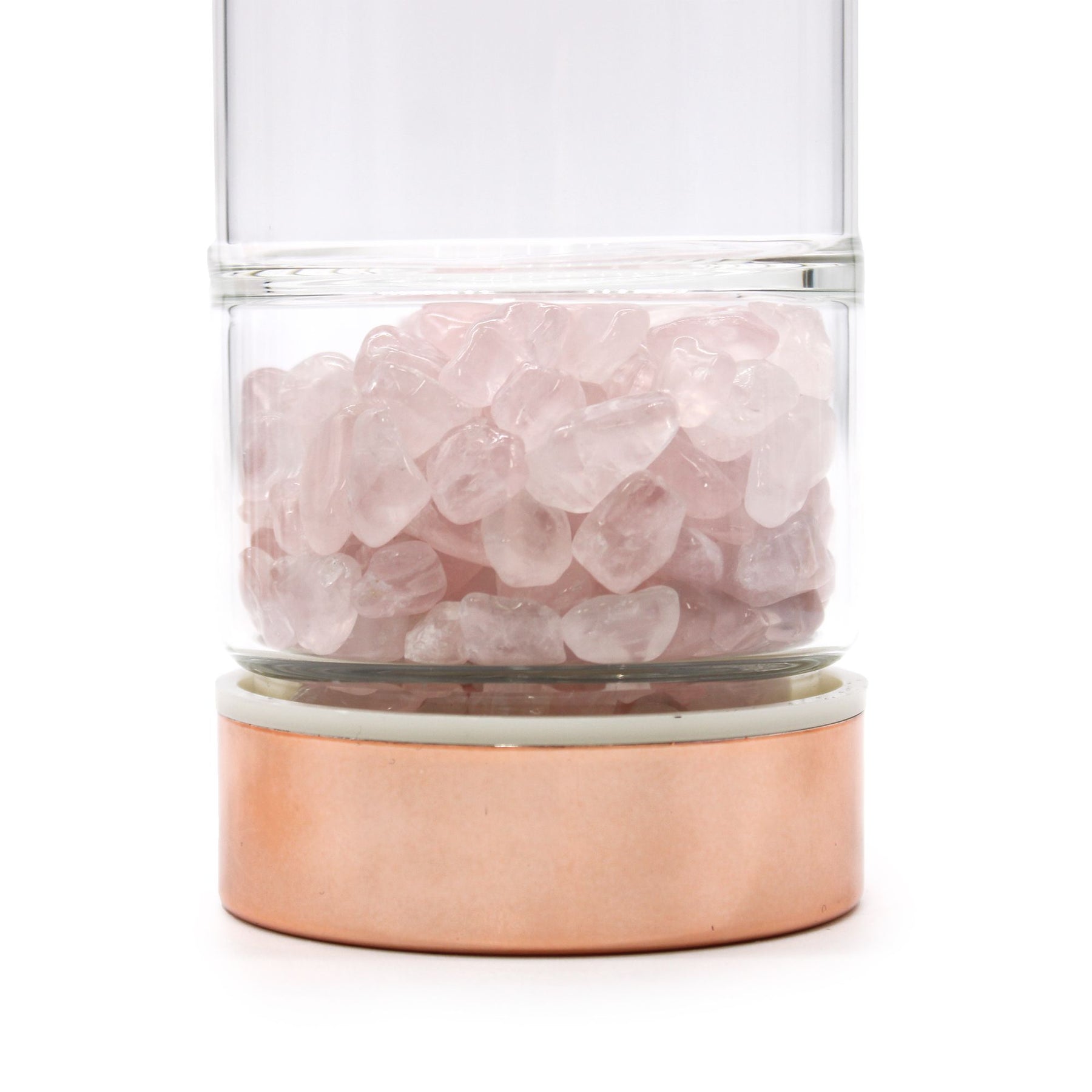 Rose gold rose quartz crystal tea infuser bottle with removable bottom chamber full of pink rose quartz chips, neoprene sleeve