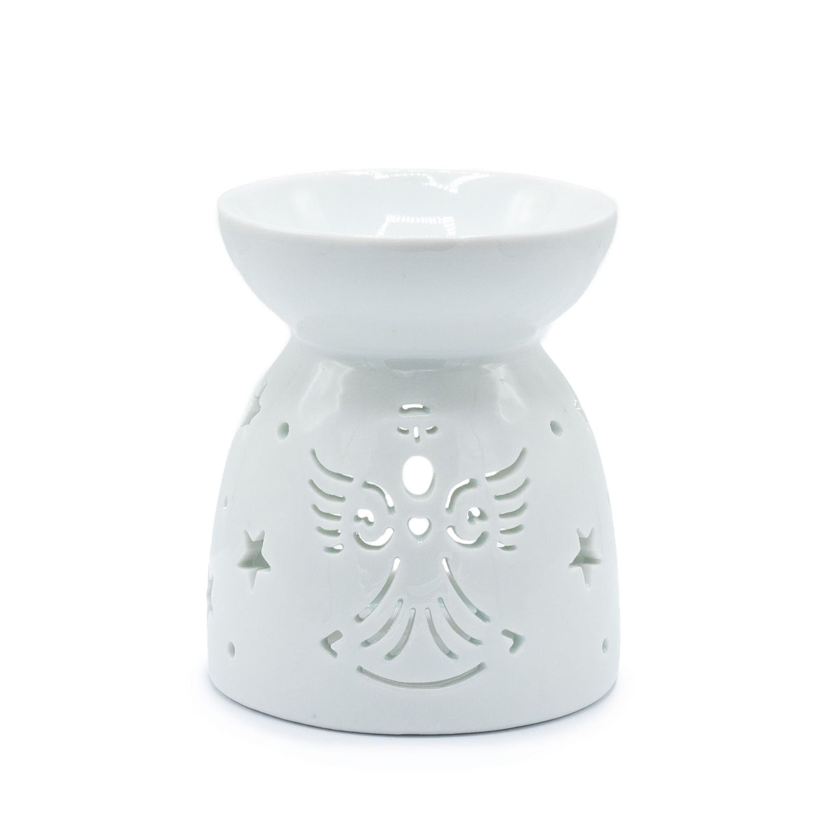 White ceramic oil burner with angel design on a white background