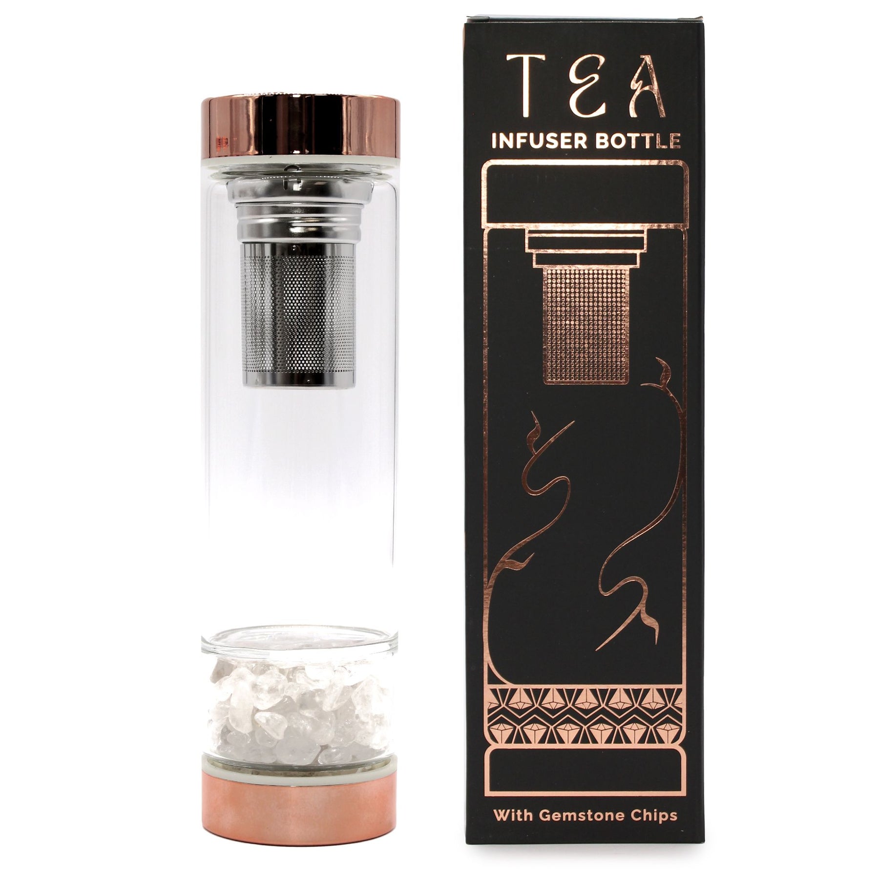 Rose gold rock quartz crystal tea infuser bottle with removable bottom chamber full of clear quartz points, neoprene sleeve