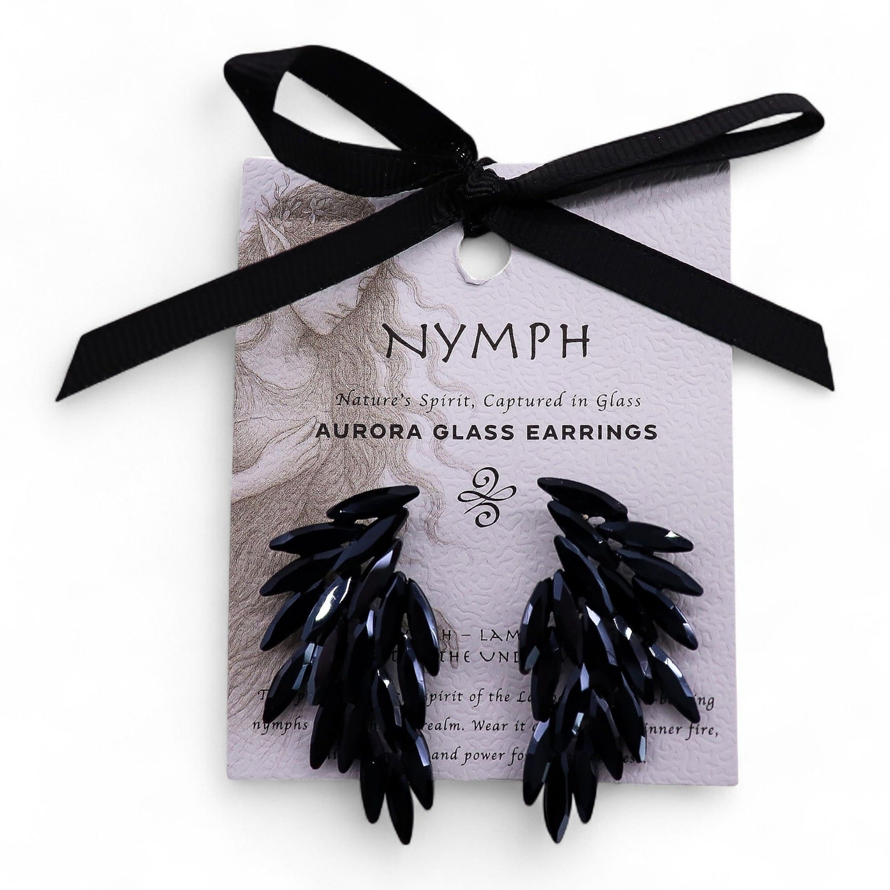 Black glass earrings on a 'Nymph' branded card with a black ribbon.