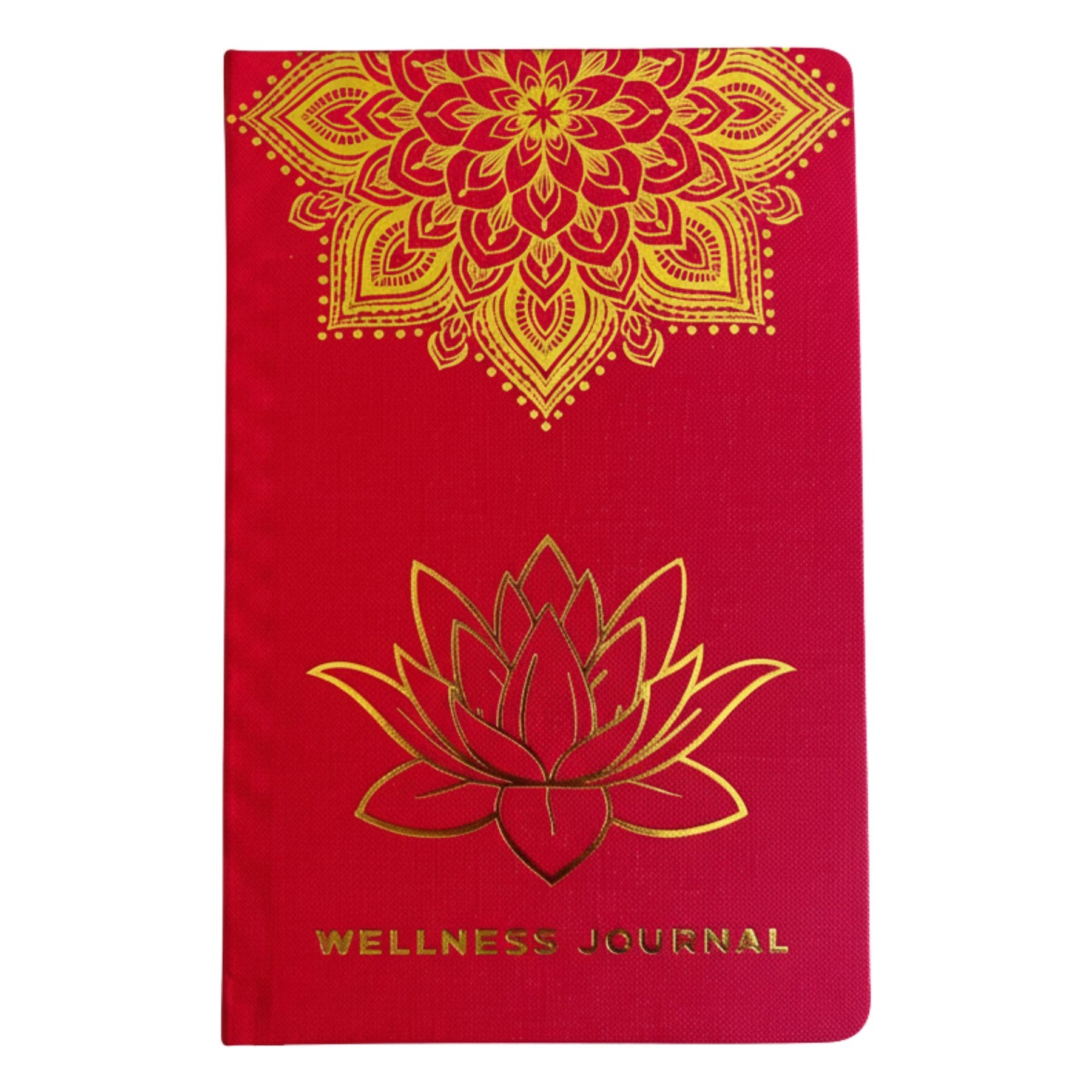 Red wellness journal with gold mandala and lotus design