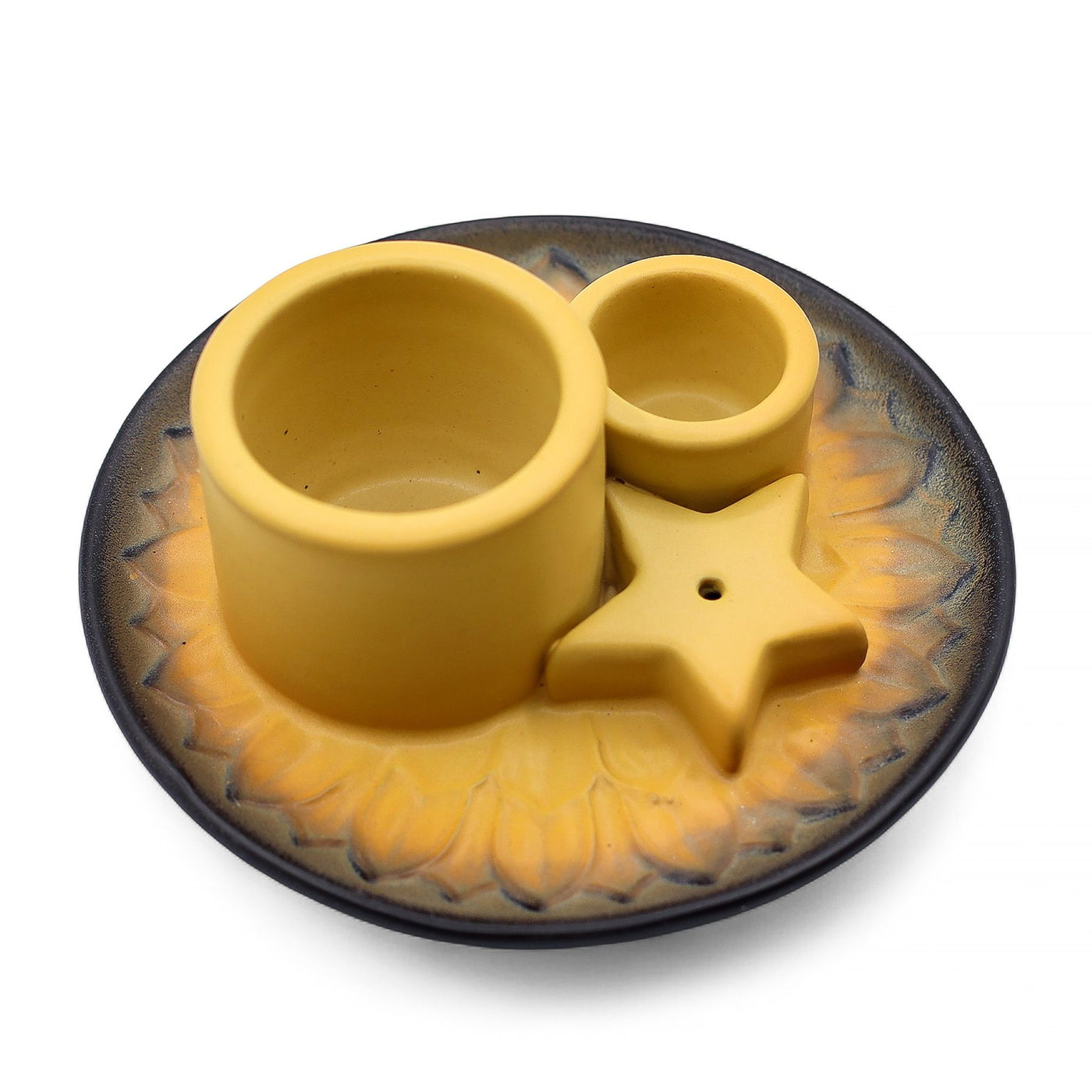 Yellow ceramic incense holder with star design