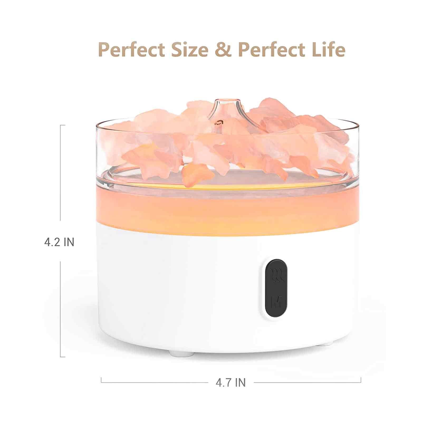 Himalayan salt flame diffuser glowing with realistic fire effect, pink salt crystals illuminated, soft mist rising, USB-C cable