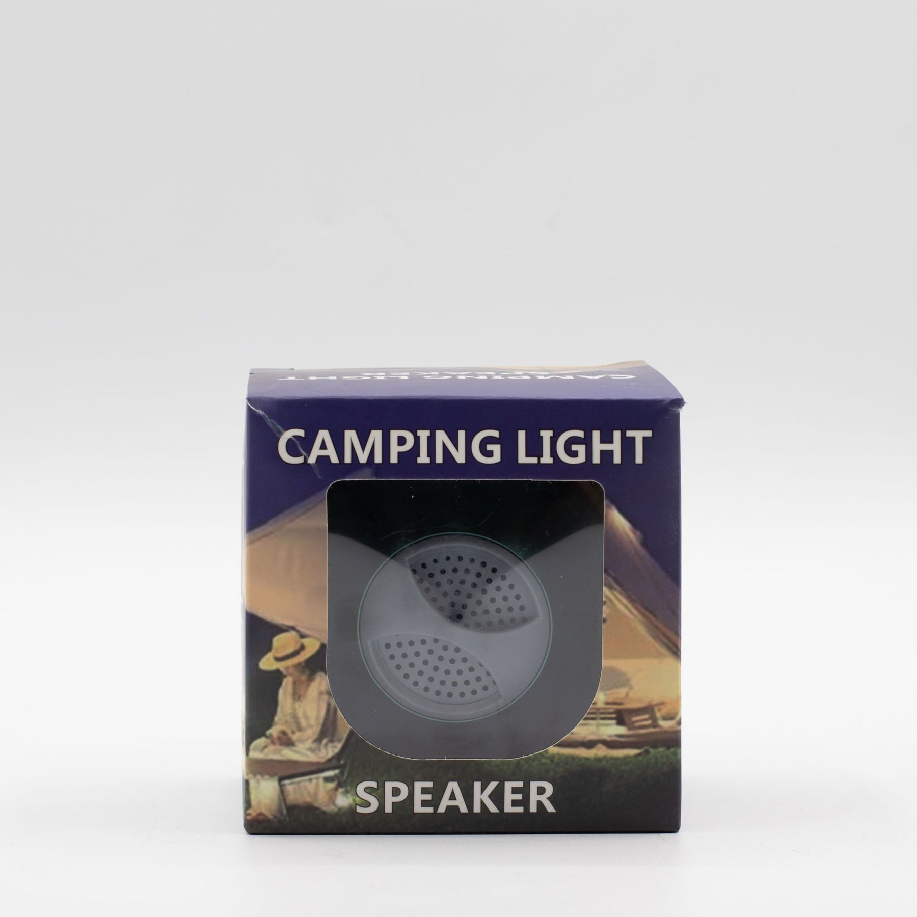 Green Camping Hanging Light & Mini Speaker hanging from tent ceiling with soft LED glow and Bluetooth music playing, compact cube design with carry loop visible