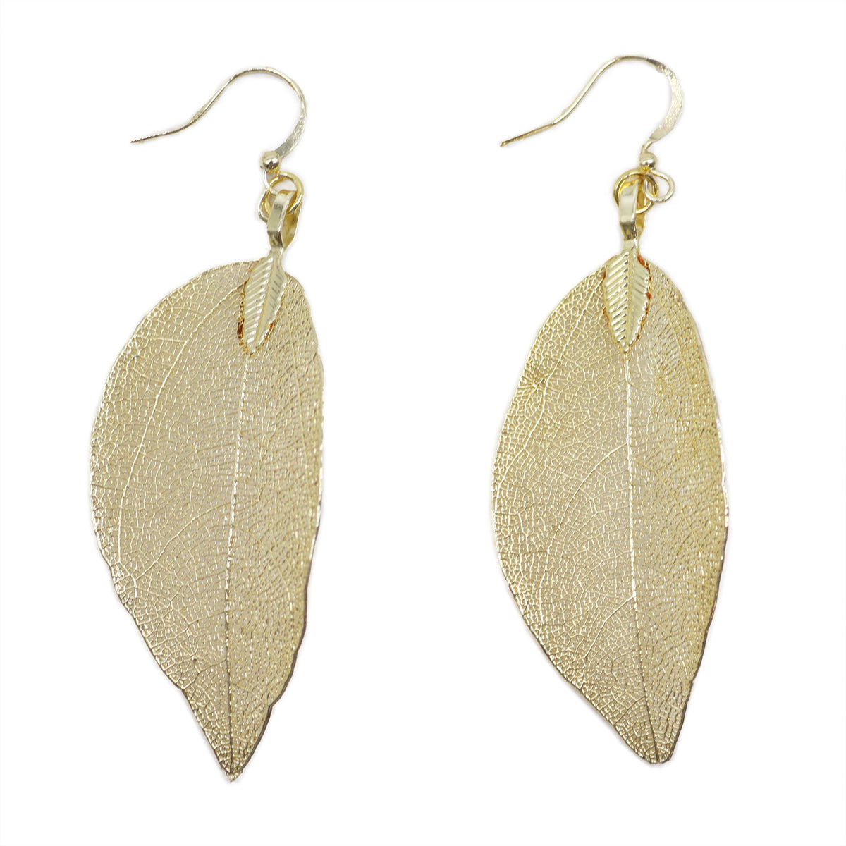 Gold bravery leaf earrings with real electroplated leaf detail