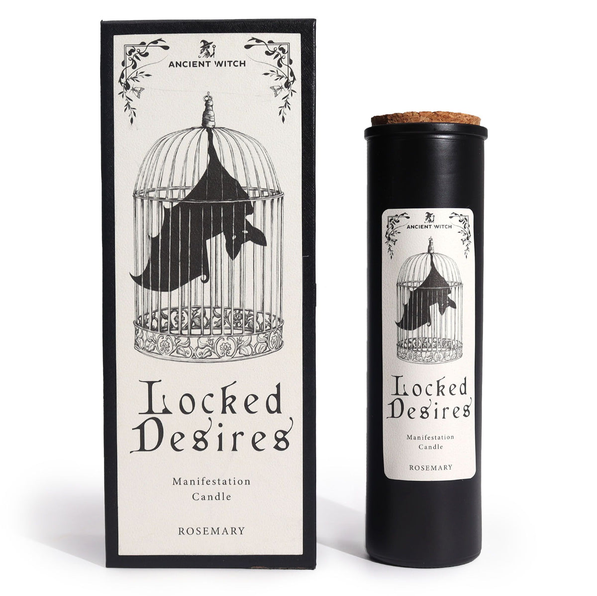 Manifestation candle labeled 'Locked Desires' with packaging featuring a bat in a cage illustration.