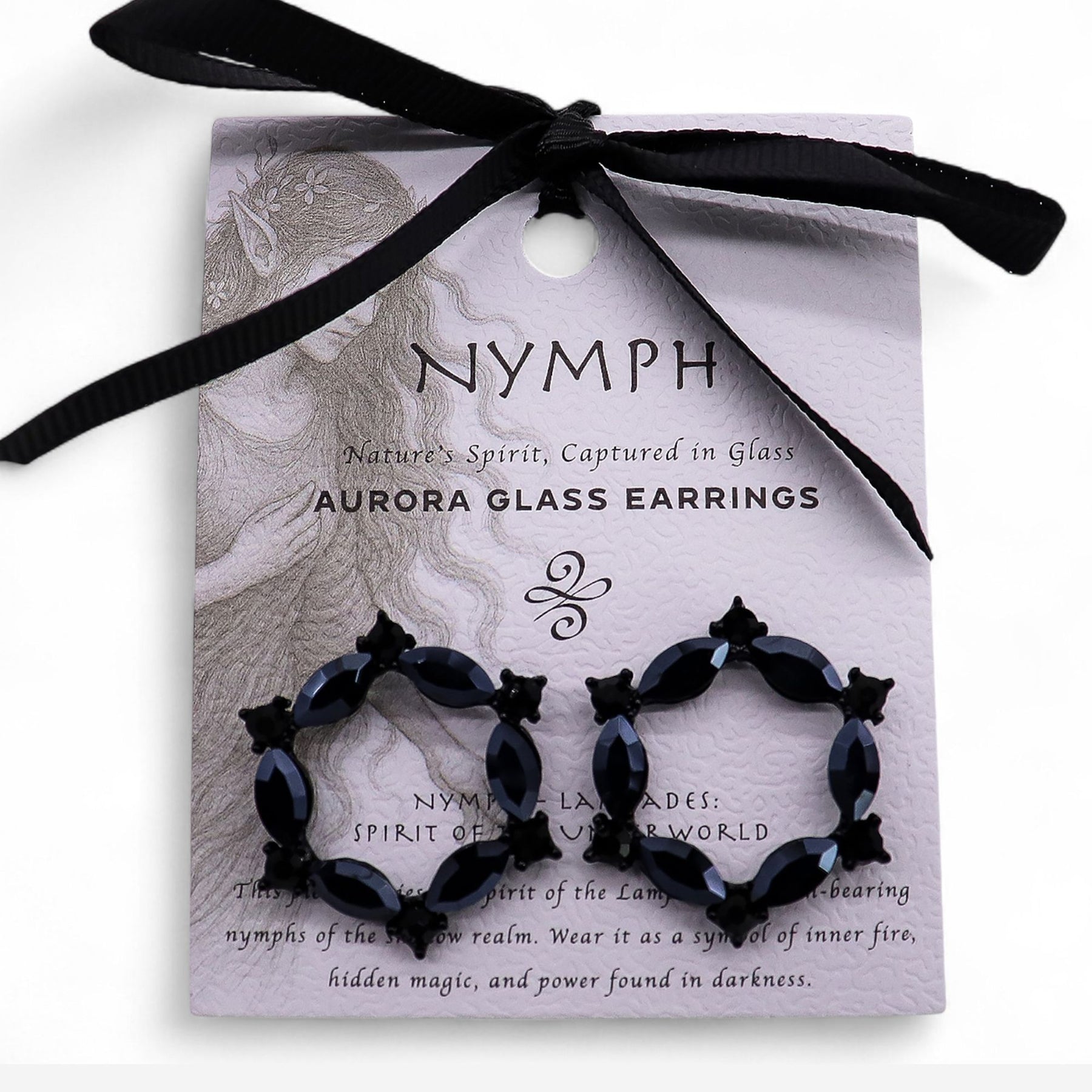 Aurora glass earrings on a 'Nymph' branded card with a black ribbon.
