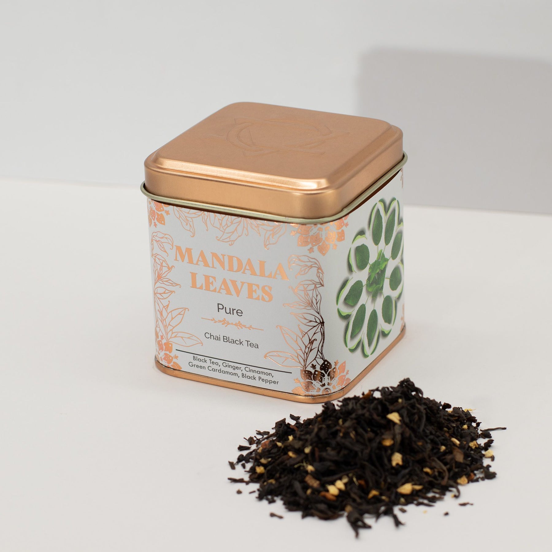 50g tin of organic chai black tea with loose leaves, ginger, cinnamon sticks, cardamom pods & black peppercorns