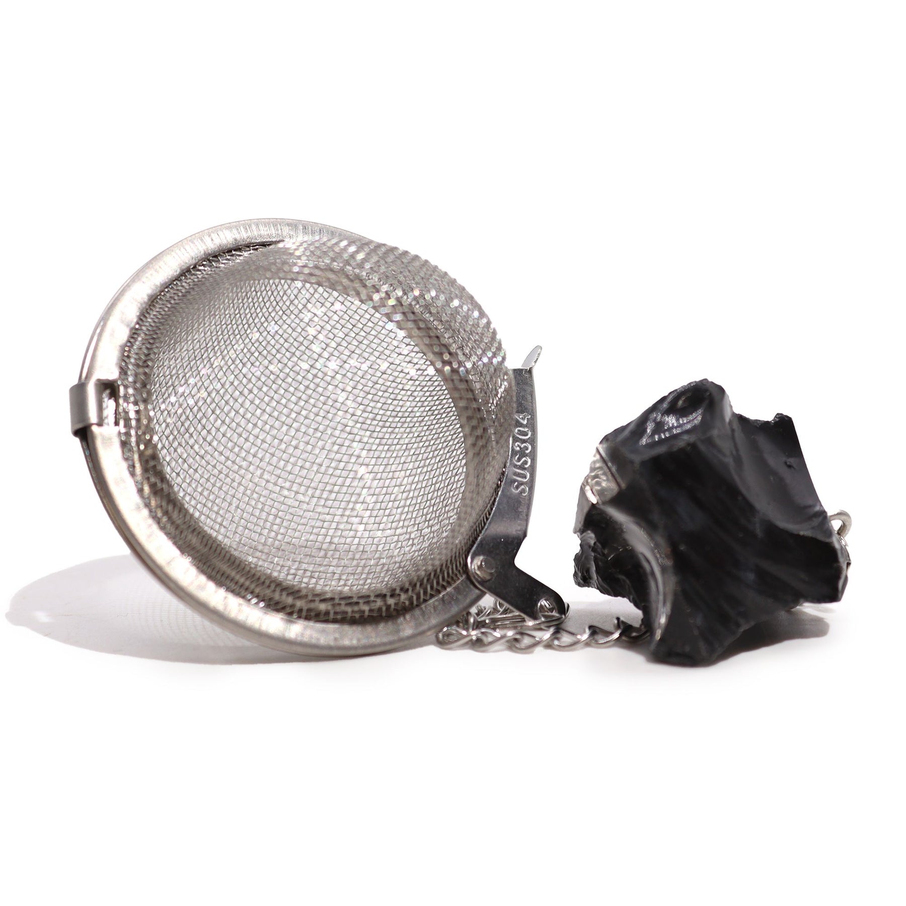 Raw black obsidian crystal tea strainer with stainless steel mesh basket