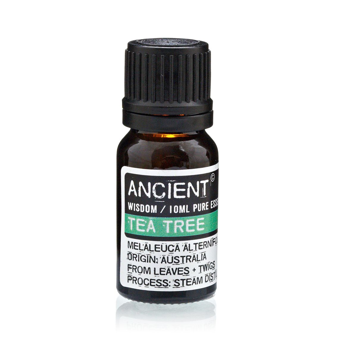 10ml amber glass bottle of pure Tea Tree Essential Oil with black dropper cap