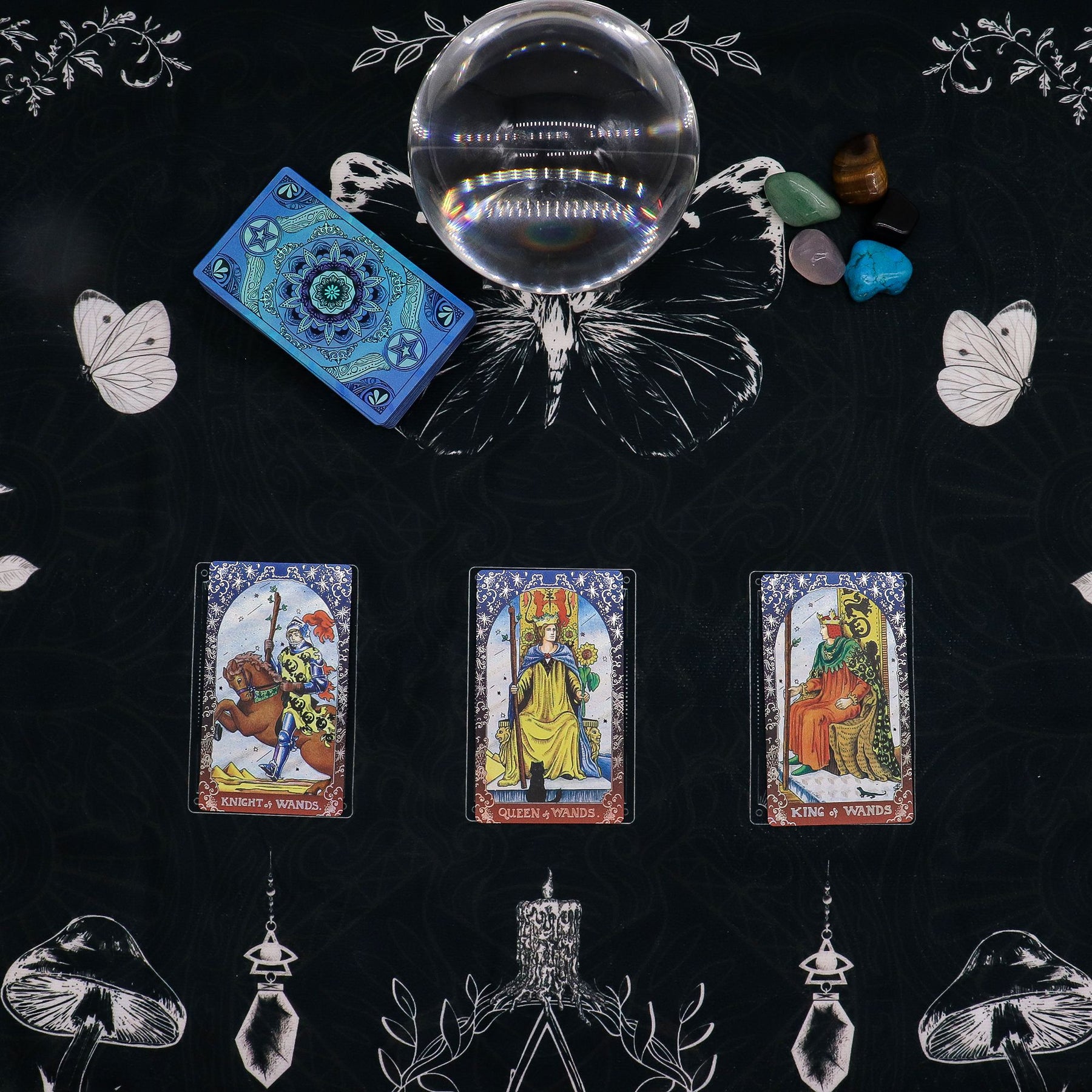 Tarot cards, crystal ball, and decorative elements on a 75×75cm Ancient Witch tarot cloth with detailed mystical sigils & symbols