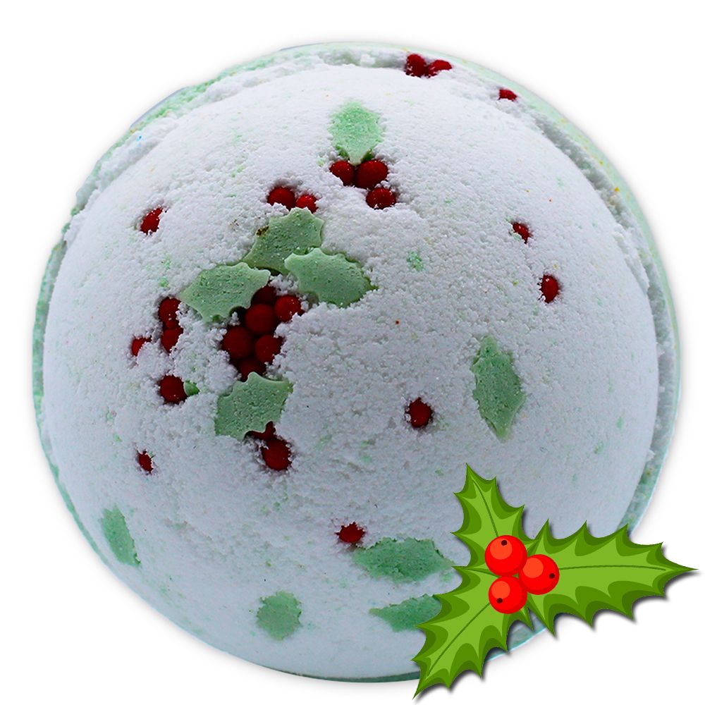 Large 180g Holly Berry & Mistletoe bath bomb with red berries, green holly leaves and festive biodegradable glitter on snowy background