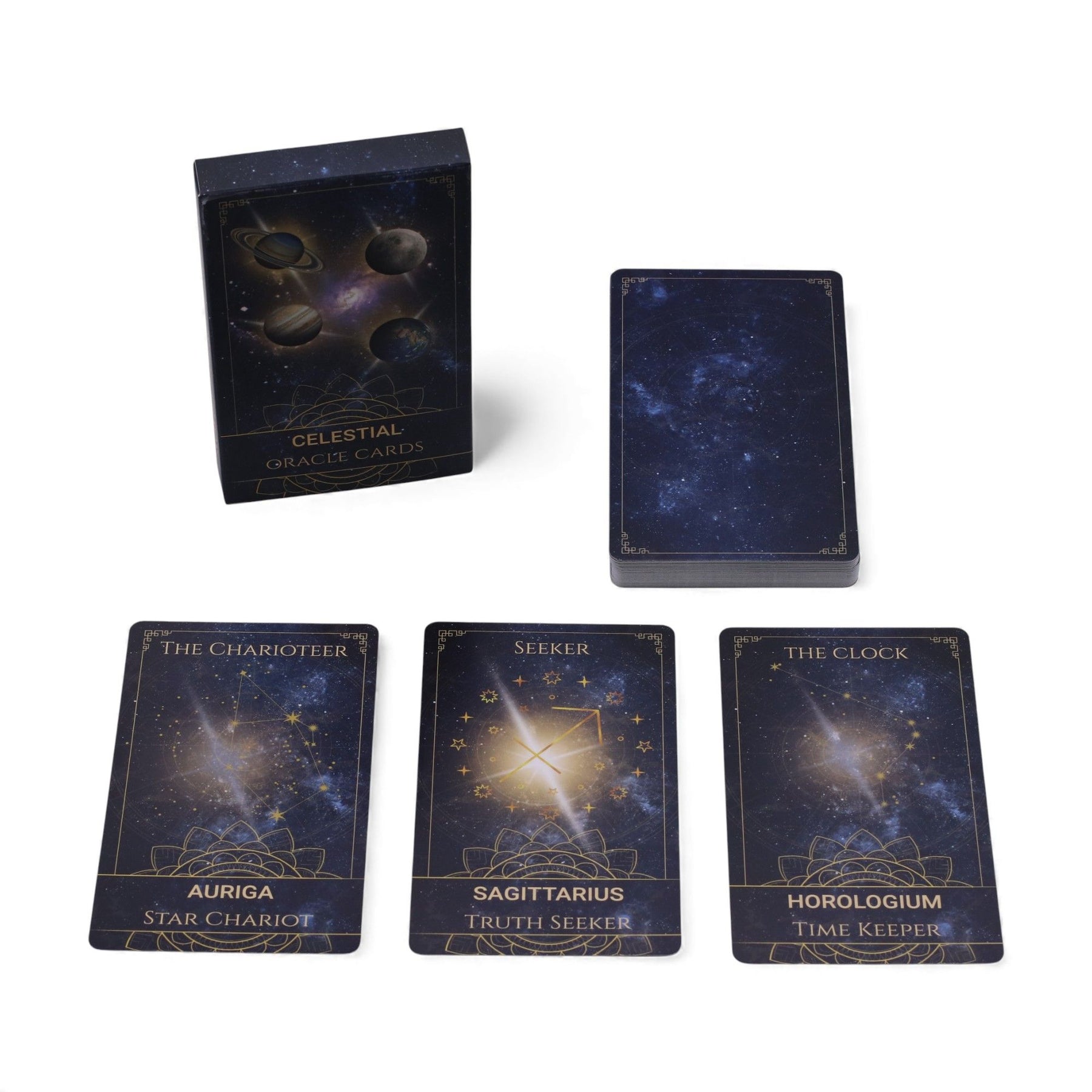 Celestial Energy Atlas Oracle Deck fanned out showing midnight blue cards with golden planets, stars & zodiac symbols, box with cosmic design on starry background