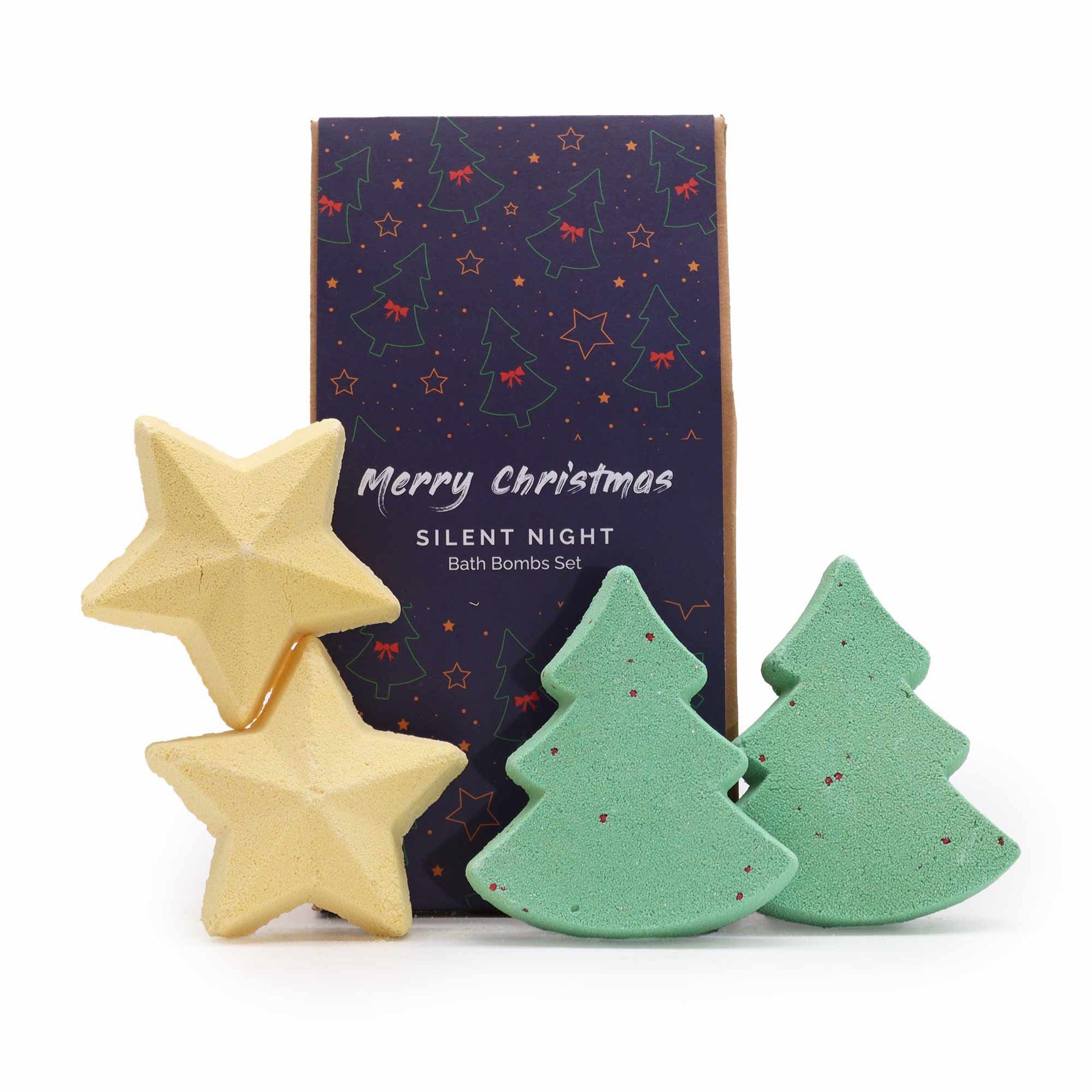 Silent Night Christmas bath bomb gift set with 2 green tree bath bombs and 2 gold star bath bombs in festive kraft gift box with ribbon