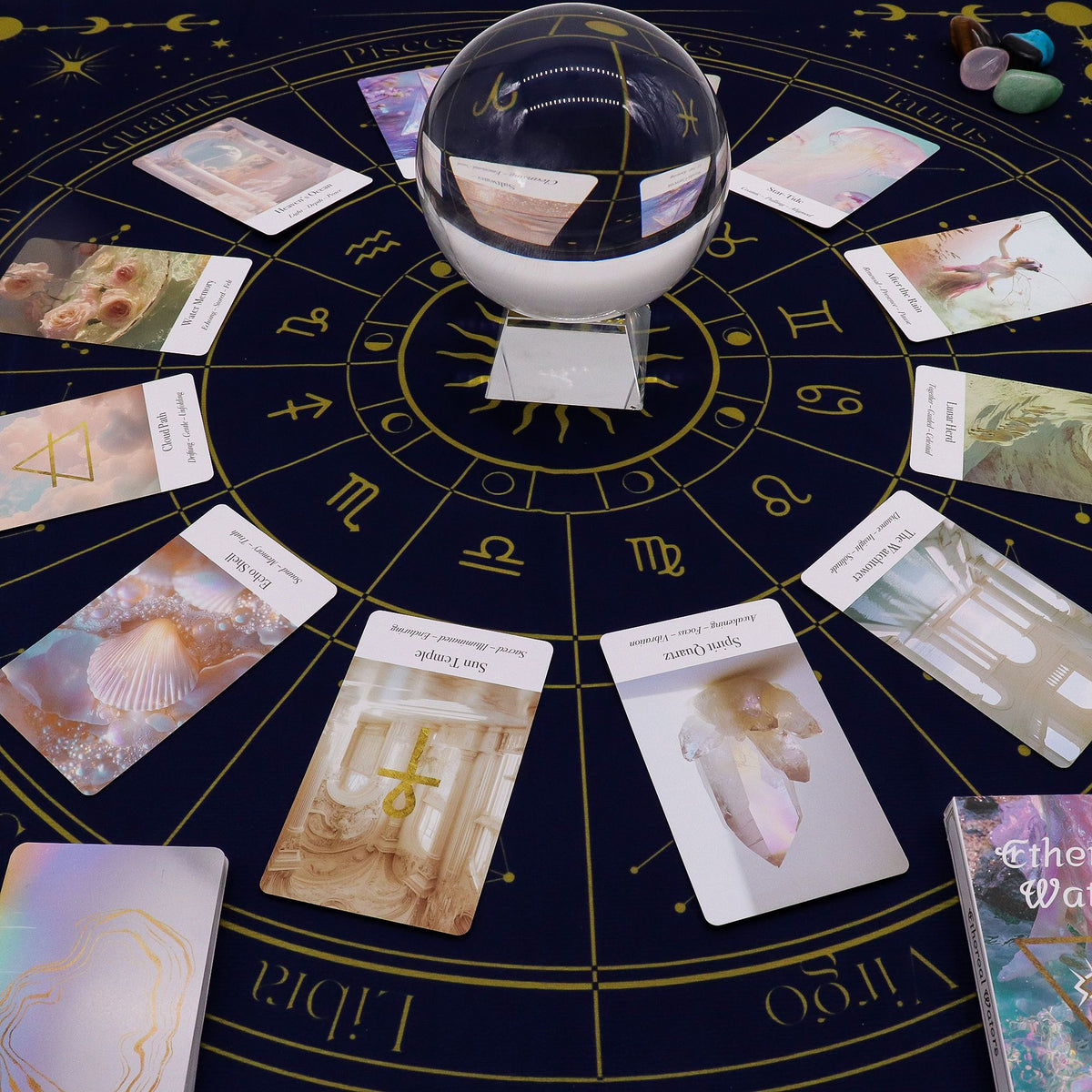 Crystal ball on a 75×75cm zodiac tarot cloth spread out with full celestial wheel design, tarot cards laid in zodiac positions