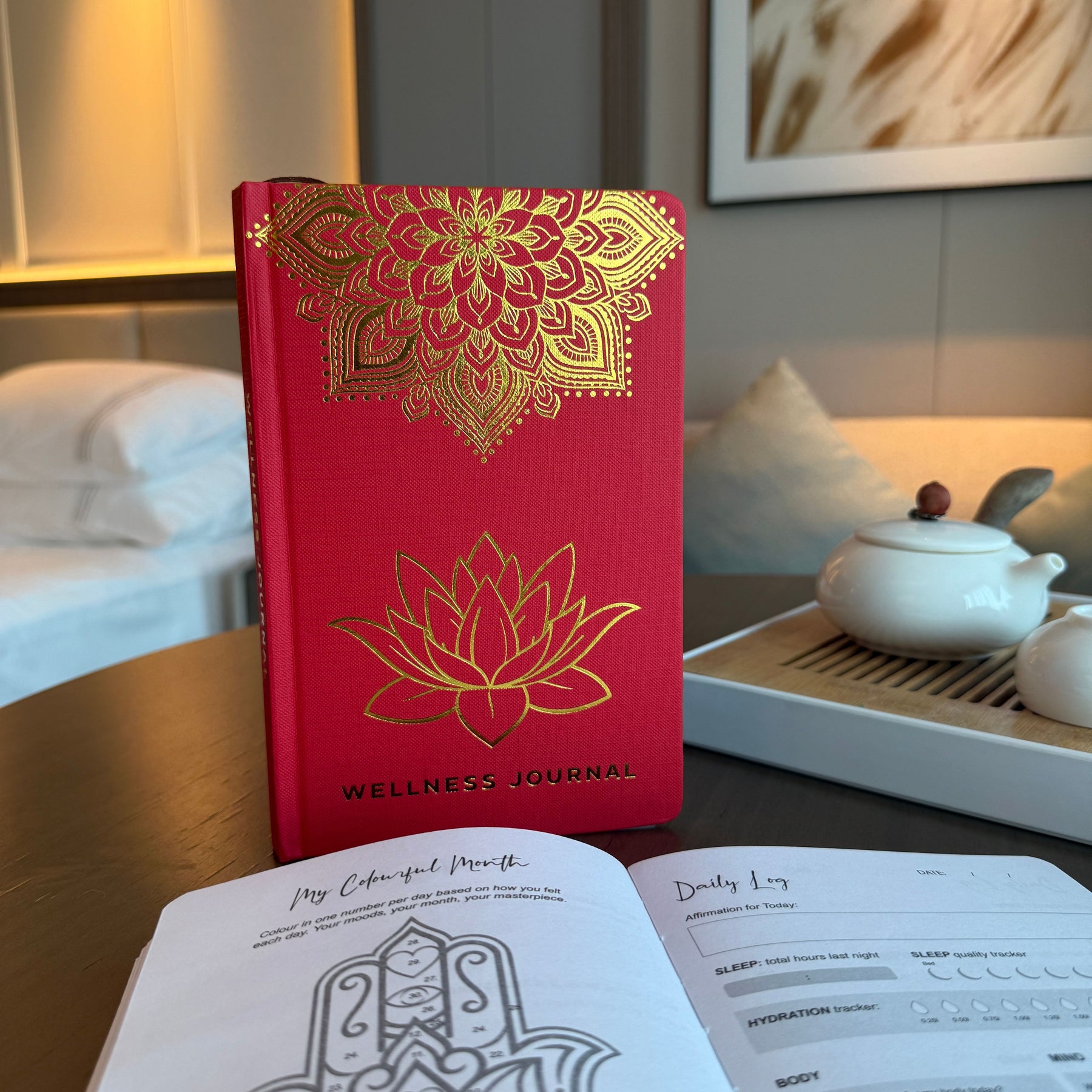 Vivid red wellness journal with shimmering gold mandala & lotus foil
