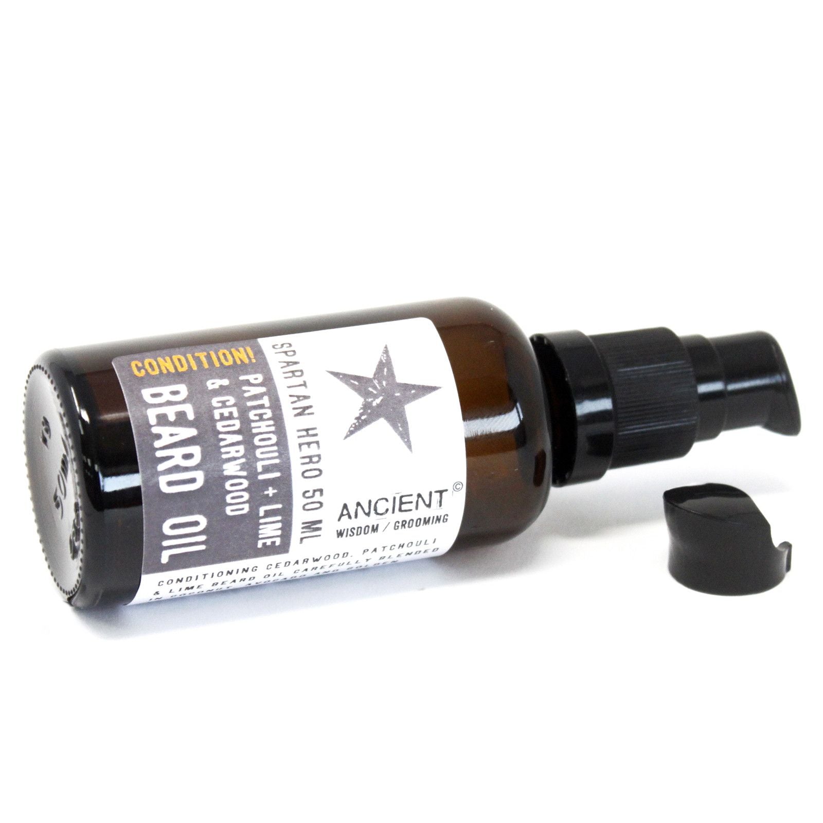 50ml amber glass bottle of Spartan Hero Beard Oil with elegant dropper