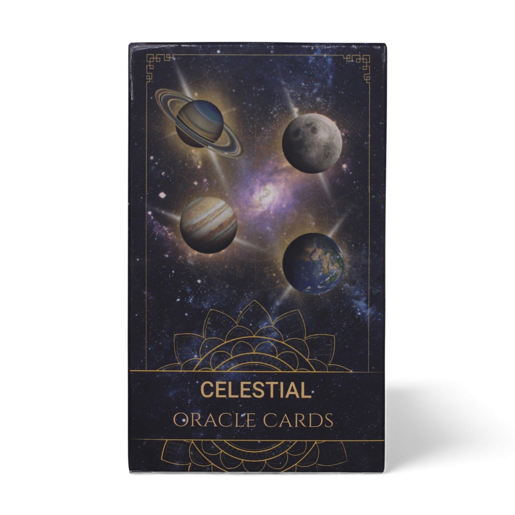 Celestial Energy Atlas Oracle Deck fanned out showing midnight blue cards with golden planets, stars & zodiac symbols, box with cosmic design