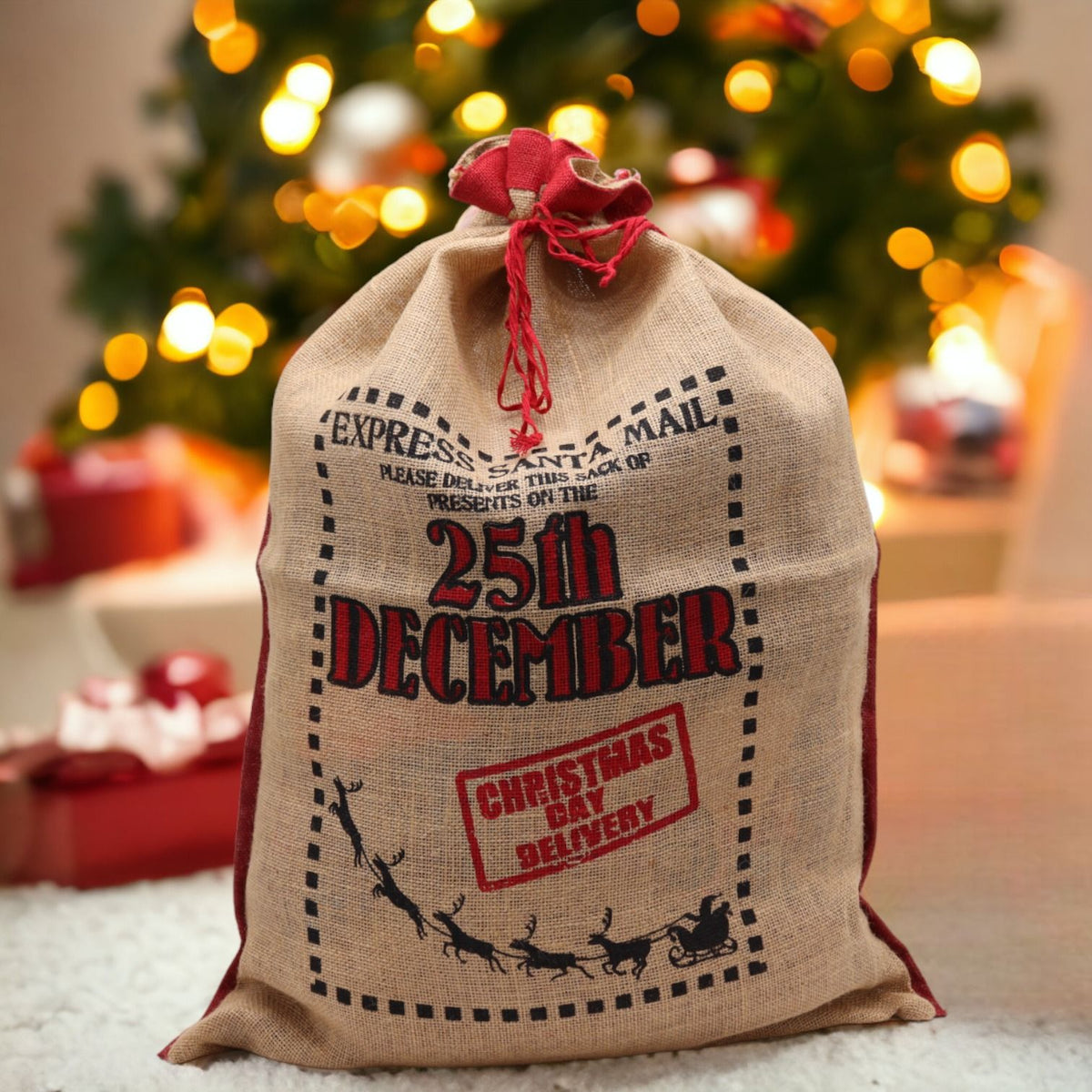 Large jute Christmas sack filled with wrapped presents under tree, stamped “Express Delivery 25th December” with black reindeer and red ribbon tie