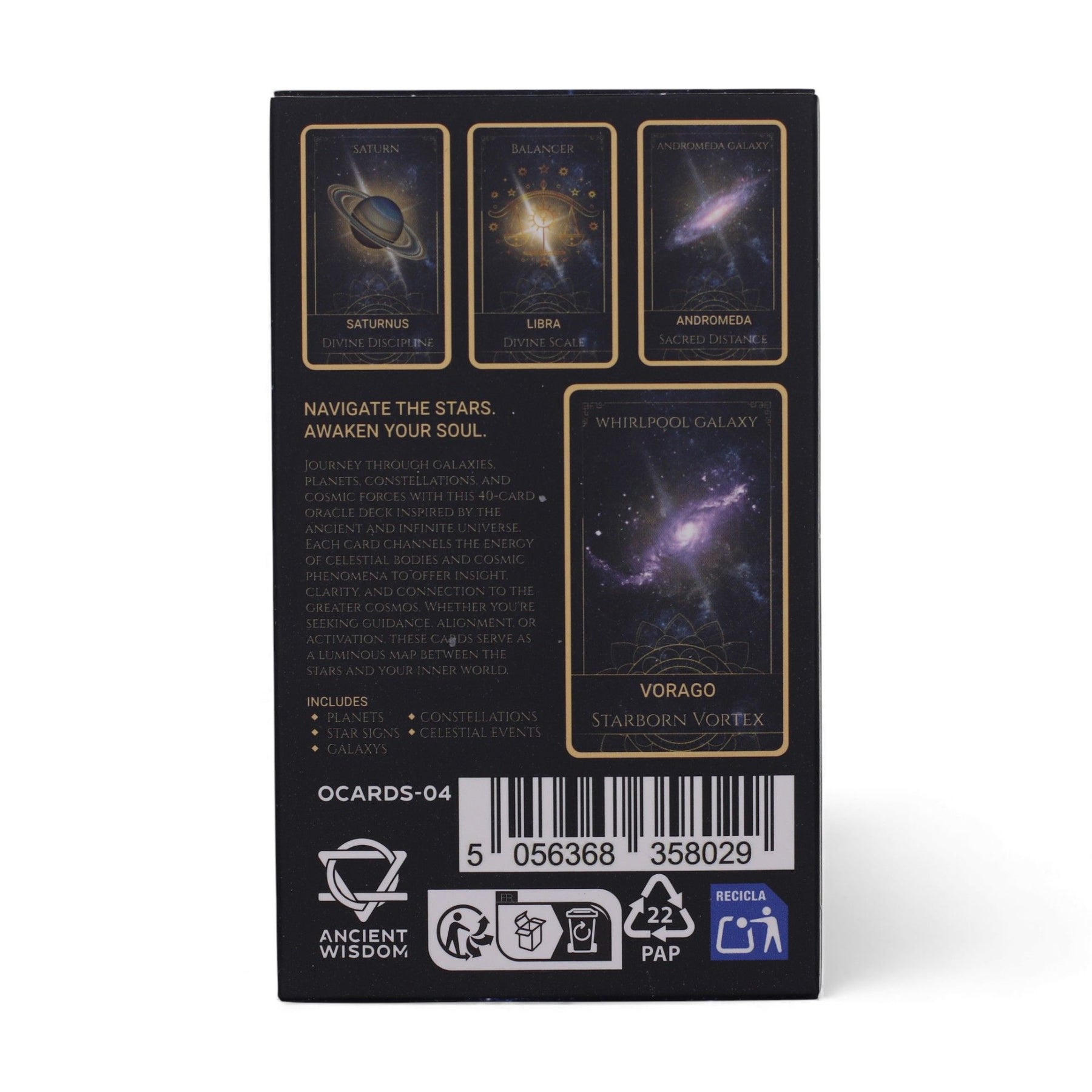 Celestial Energy Atlas Oracle Deck fanned out showing midnight blue cards with golden planets, stars & zodiac symbols, box with cosmic design on starry background