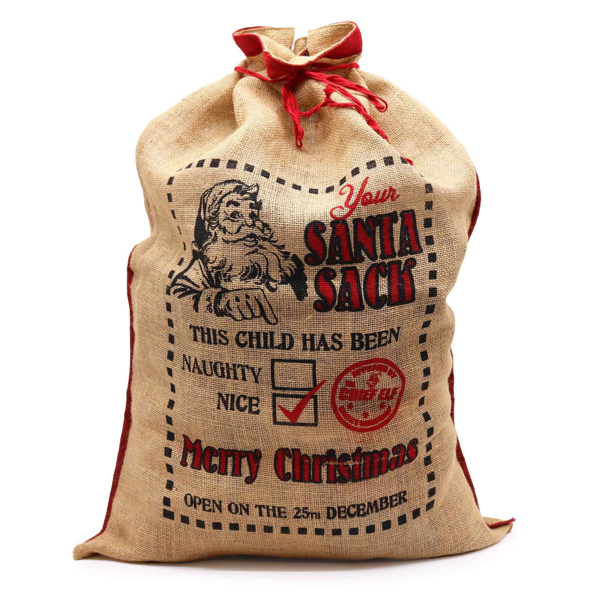 Large jute Christmas sack printed “This Child Has Been… Nice! ✓” with Santa and ticked Nice box, stuffed with toys and gifts under glowing tree