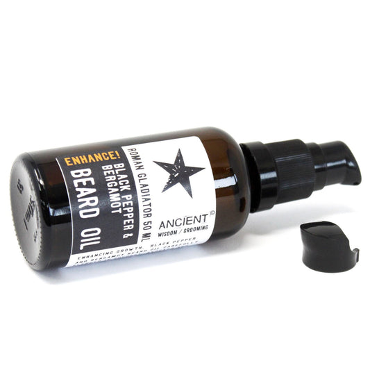 50ml amber glass bottle of Roman Gladiator Beard Oil with elegant dropper