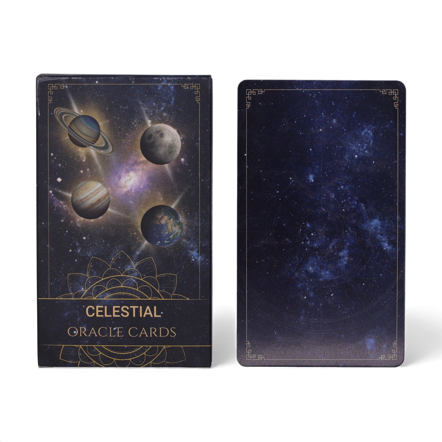 Celestial Energy Atlas Oracle Deck fanned out showing midnight blue cards with golden planets, stars & zodiac symbols, box with cosmic design on starry background