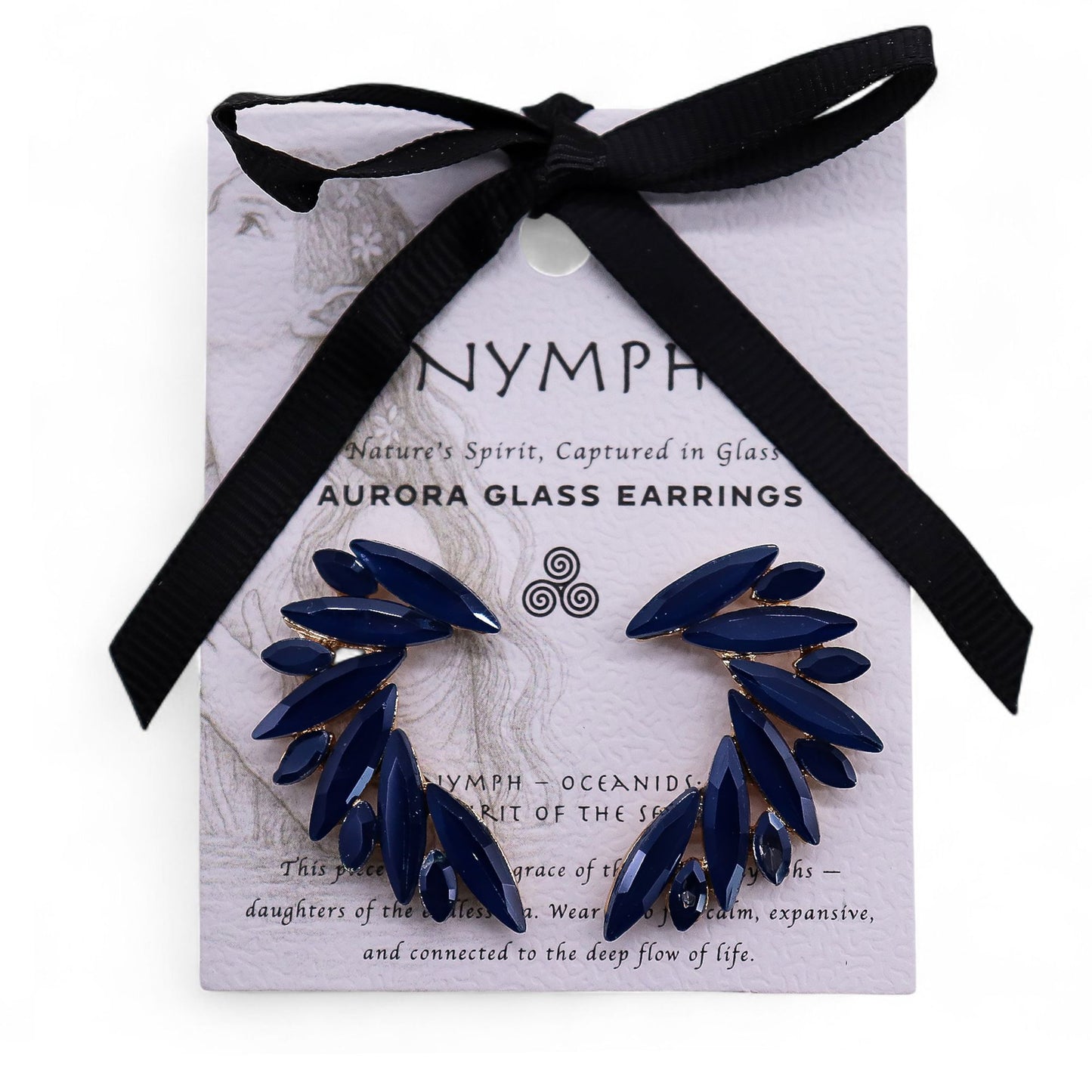 Navy blue glass earrings on a 'NYMPH' branded card with a black ribbon.