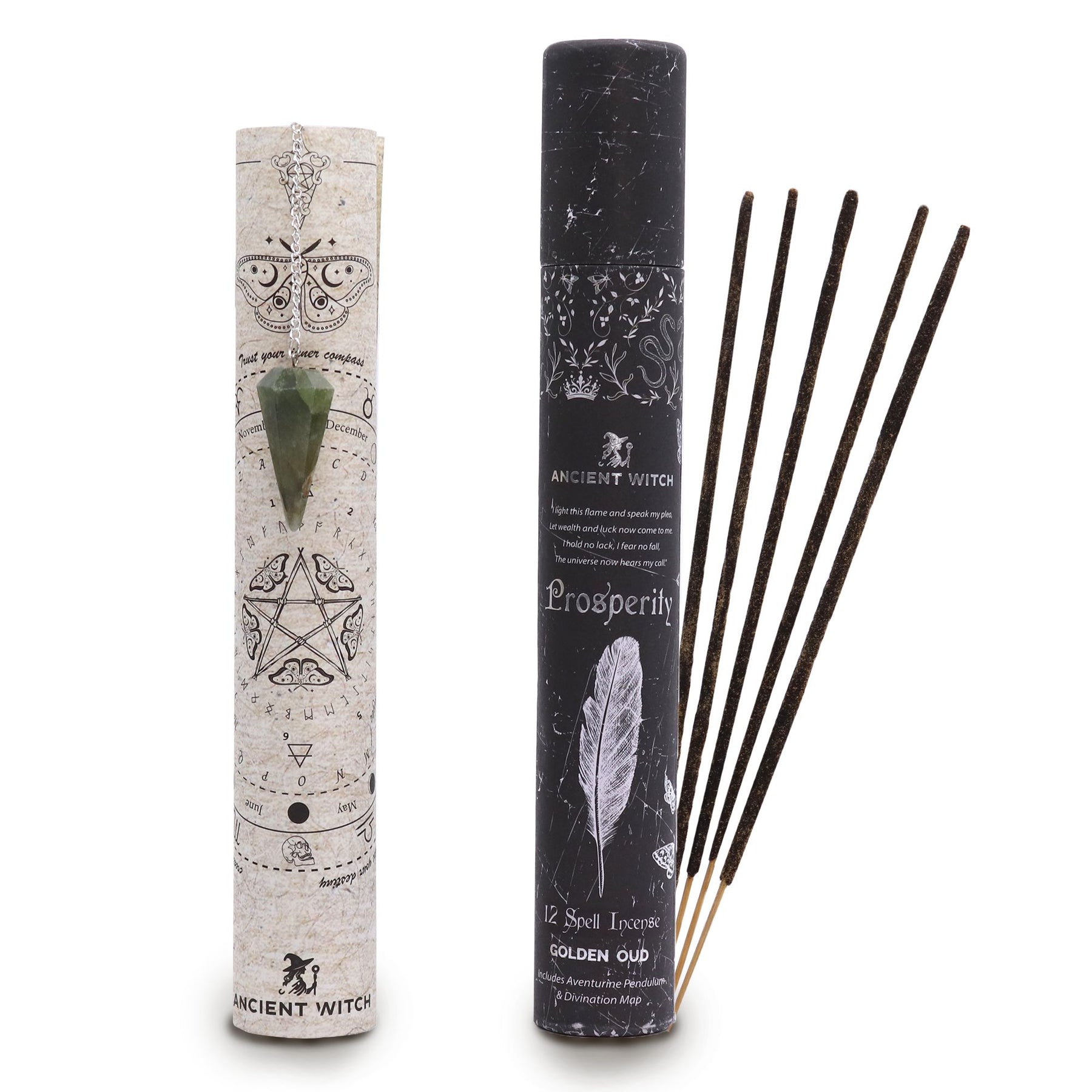 Incense sticks and pendulum with their packaging featuring symbols and text on a white background