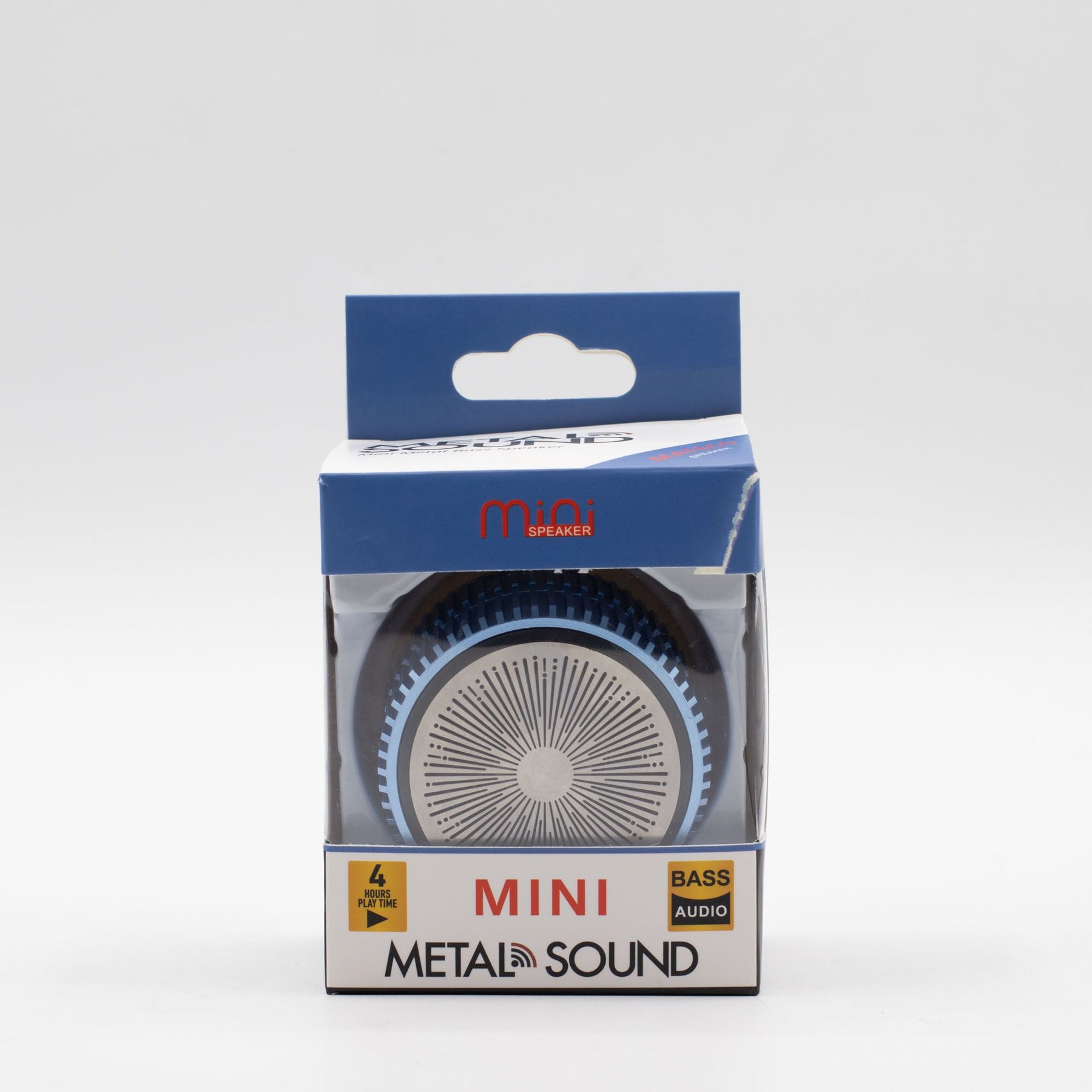 Packaged mini metal sound speaker with blue and white design on a white background