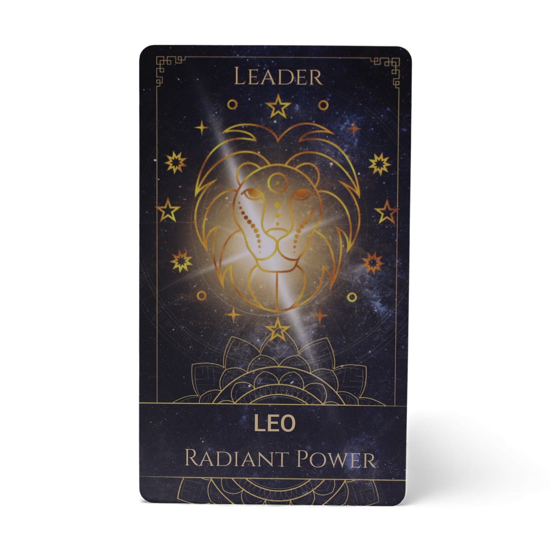 Card with a lion symbol and astrological design