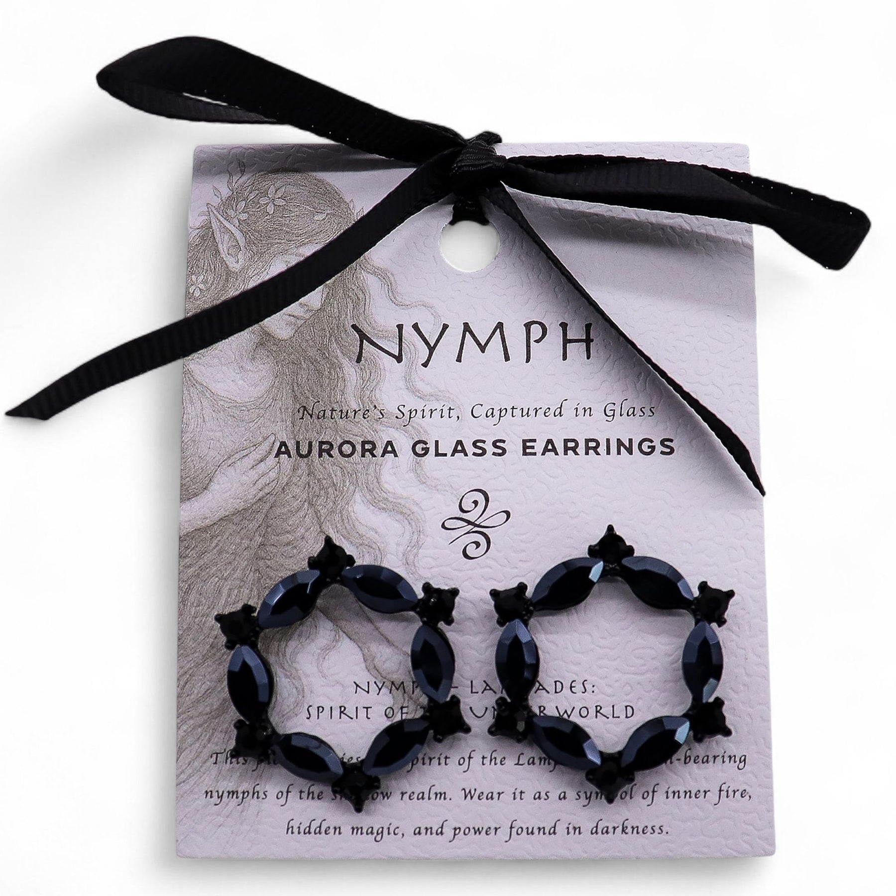 Aurora glass earrings on a 'Nymph' branded card with black ribbon