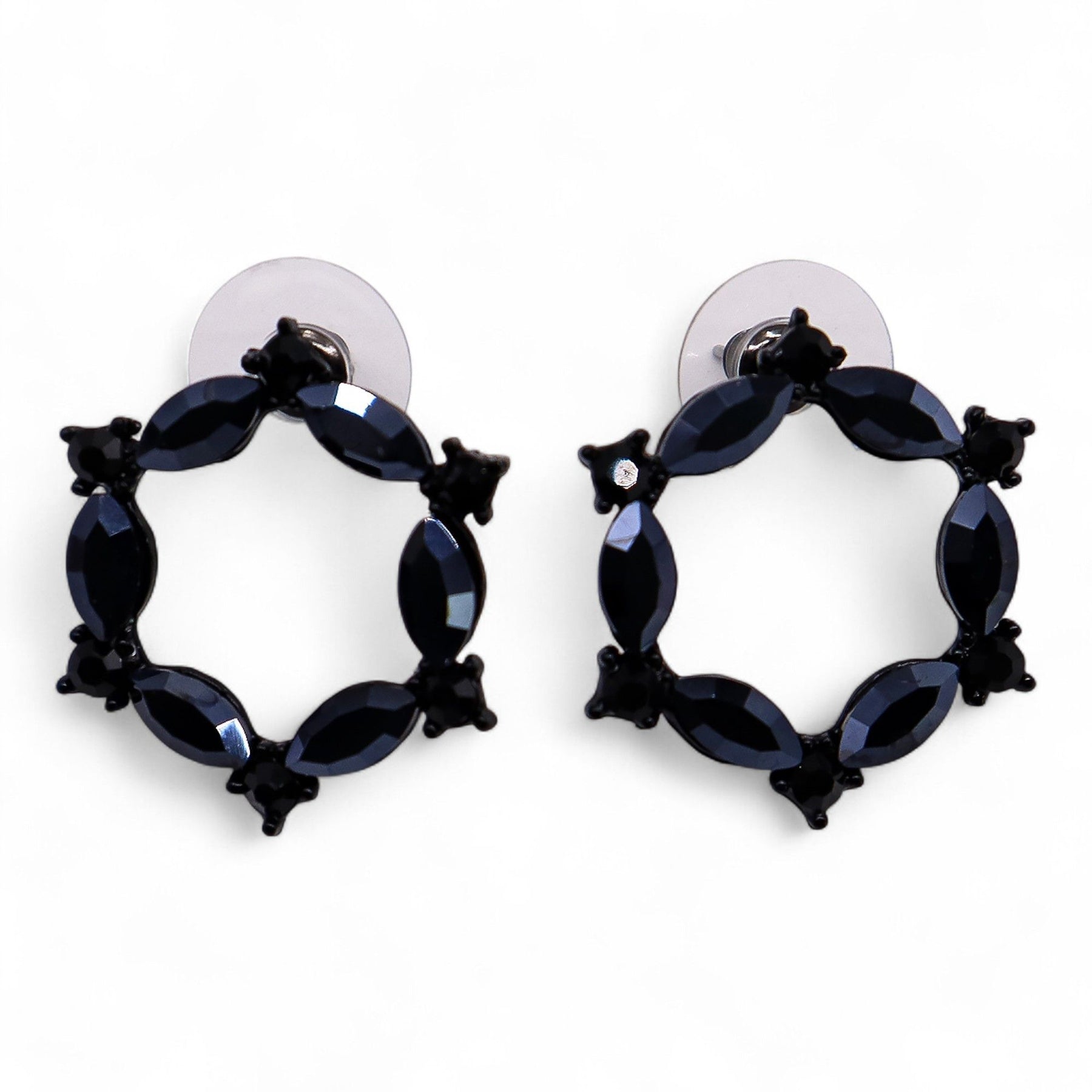 Jet black vintage glass circle loop earrings