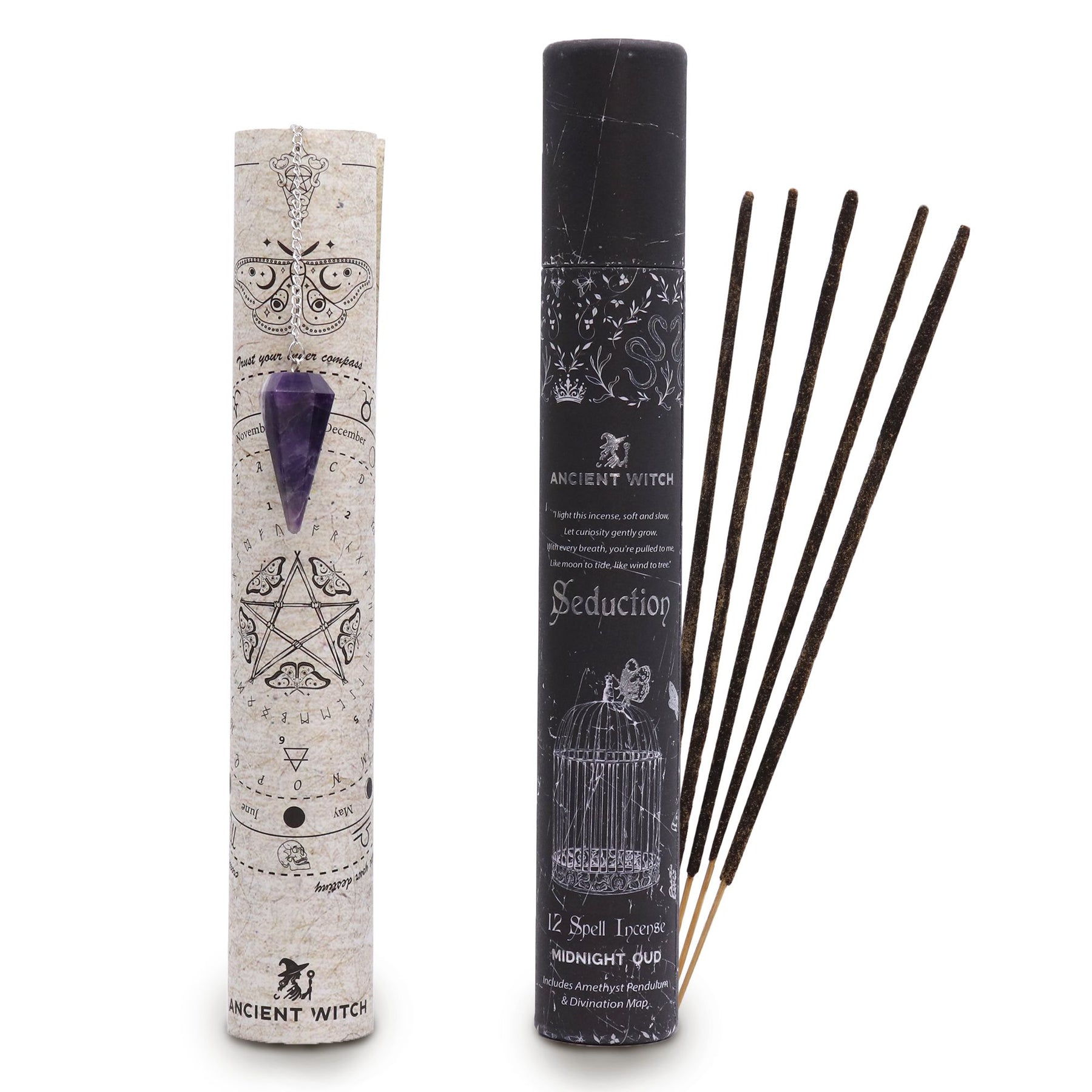 Incense sticks and pendulum with their packaging featuring mystical symbols on a white background
