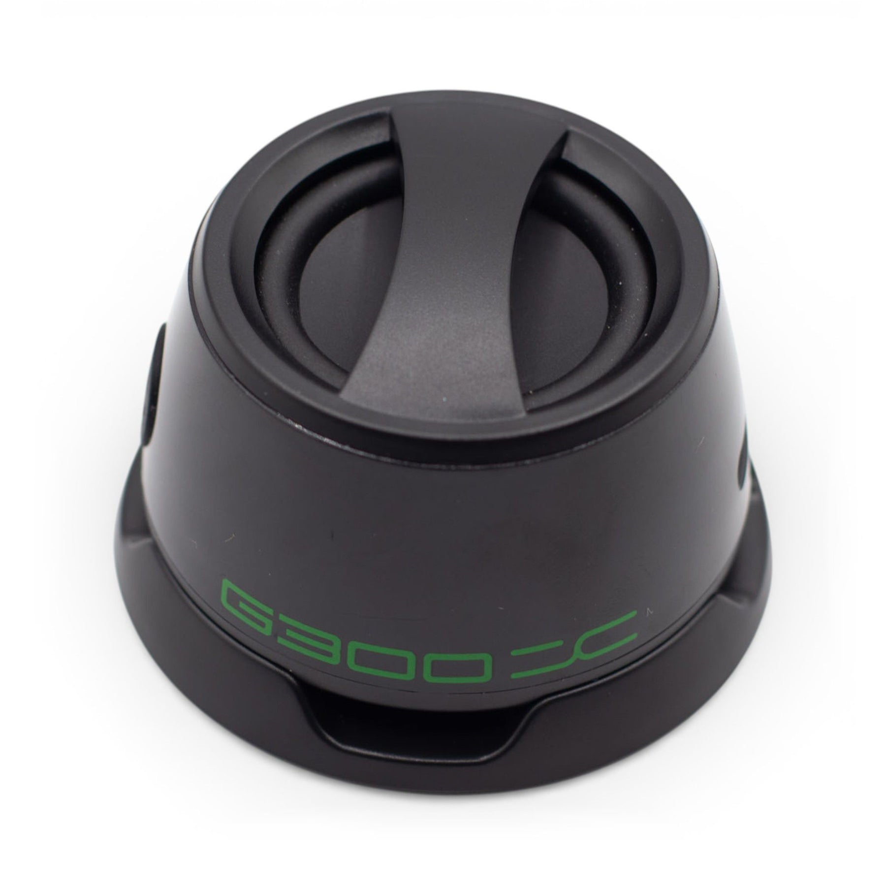 Close-up of G300 speaker showing magnetic attachment, 5W speaker grille, top controls and LED lighting detail