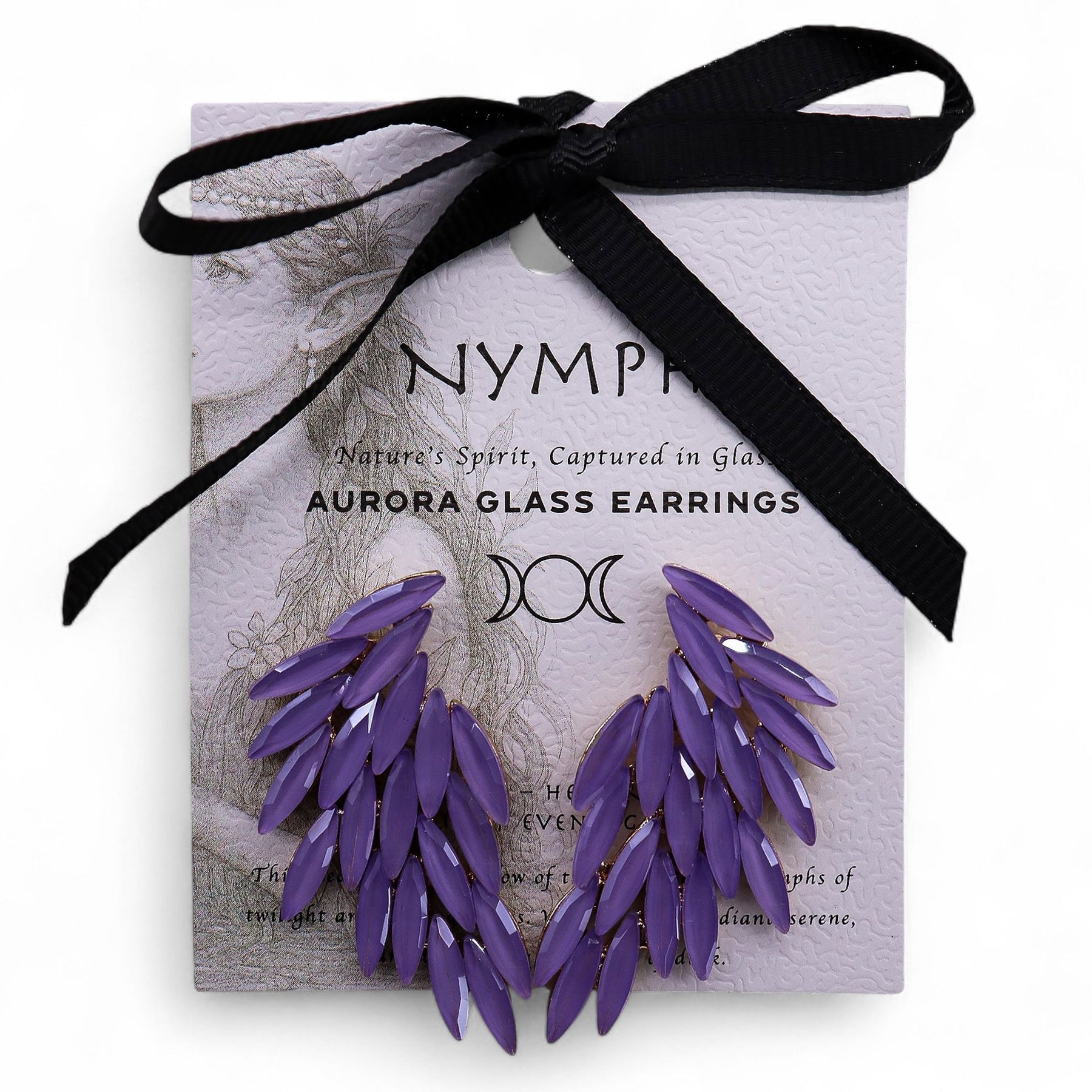 Purple earrings on a Nymph branded box with a black ribbon