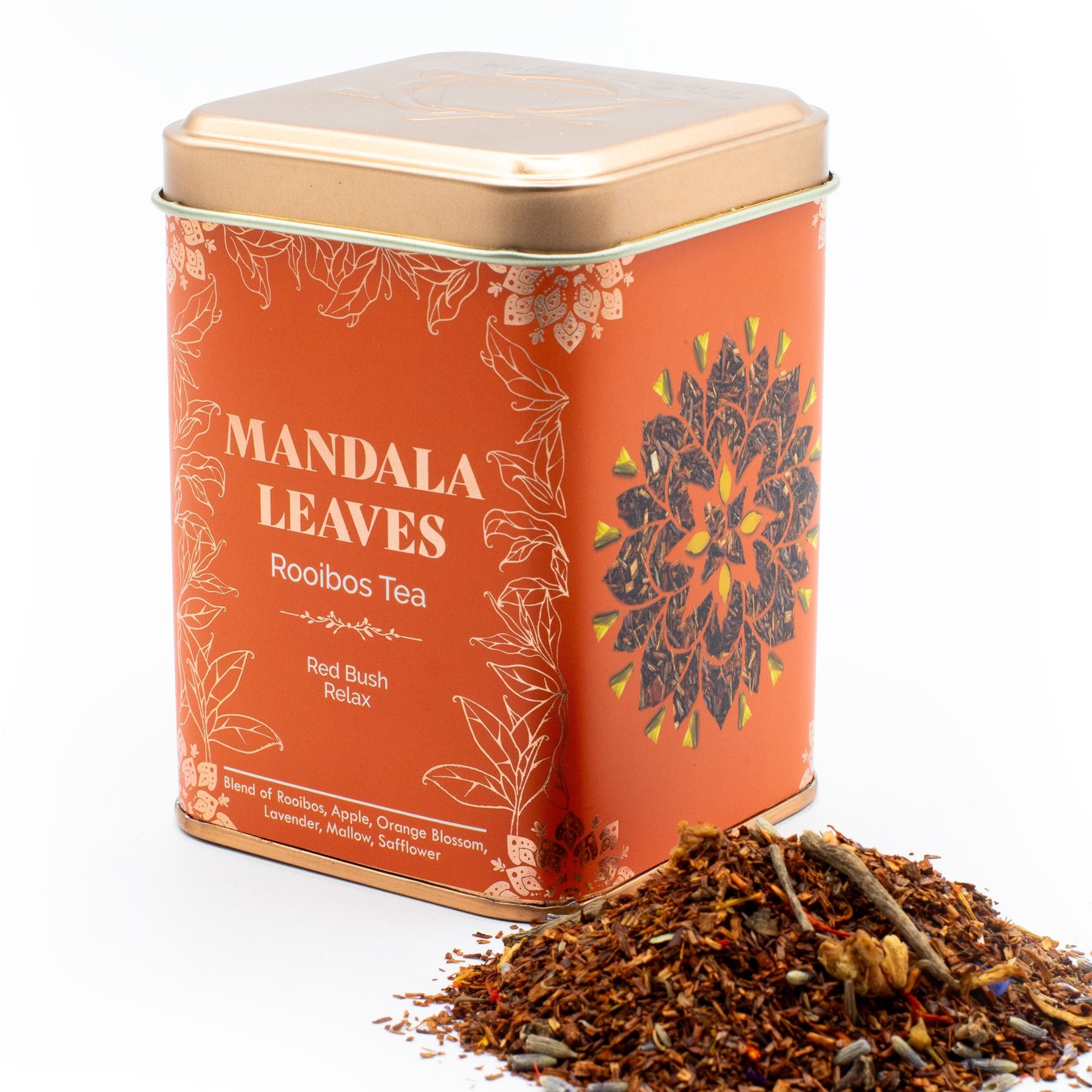 Mandala Leaves Rooibos Tea can with tea leaves on a white background