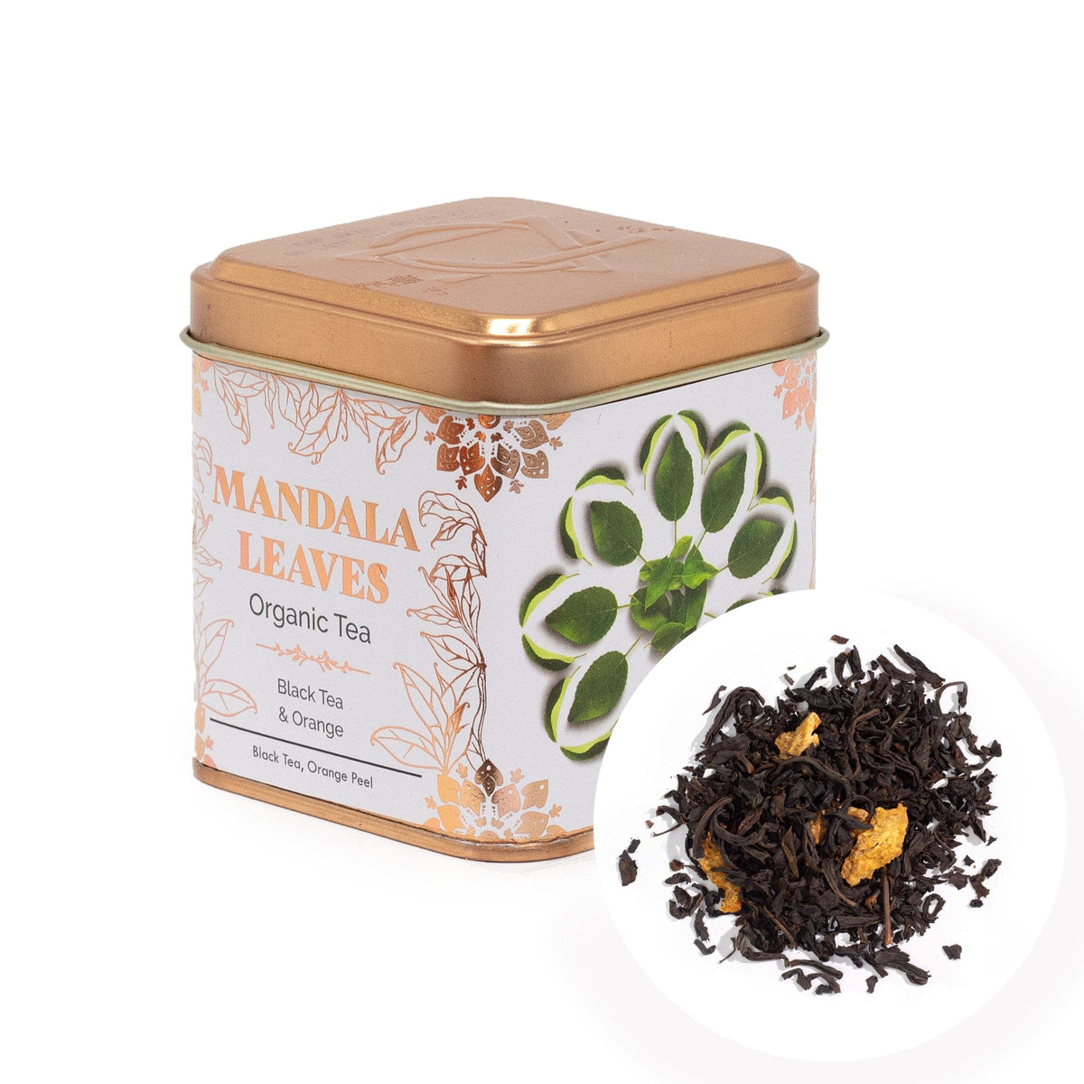 Tea canister labeled 'Mandala Leaves Organic Tea' with tea leaves displayed below on a white background