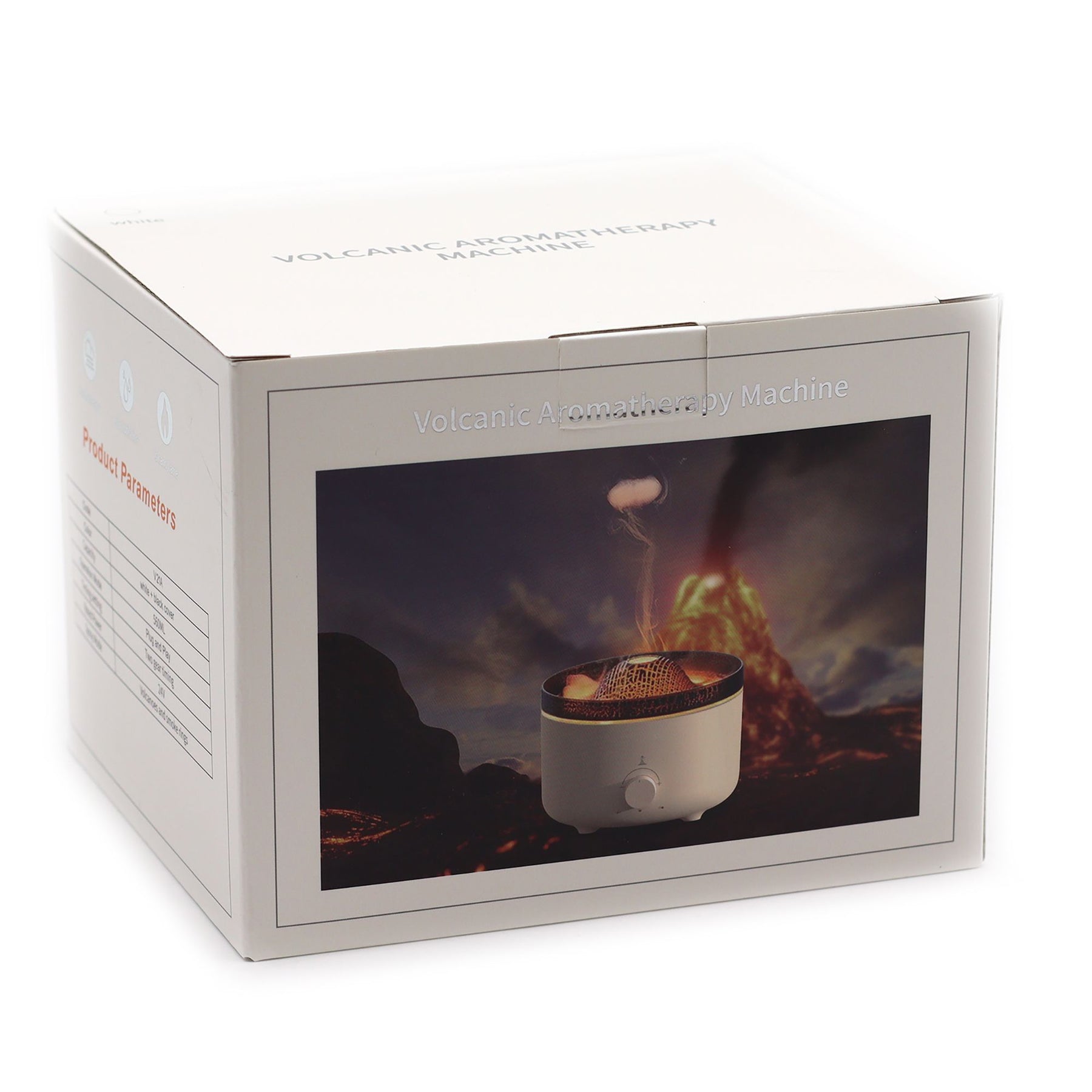 Large black volcano aroma diffuser erupting with swirling coloured mist and glowing LED ring