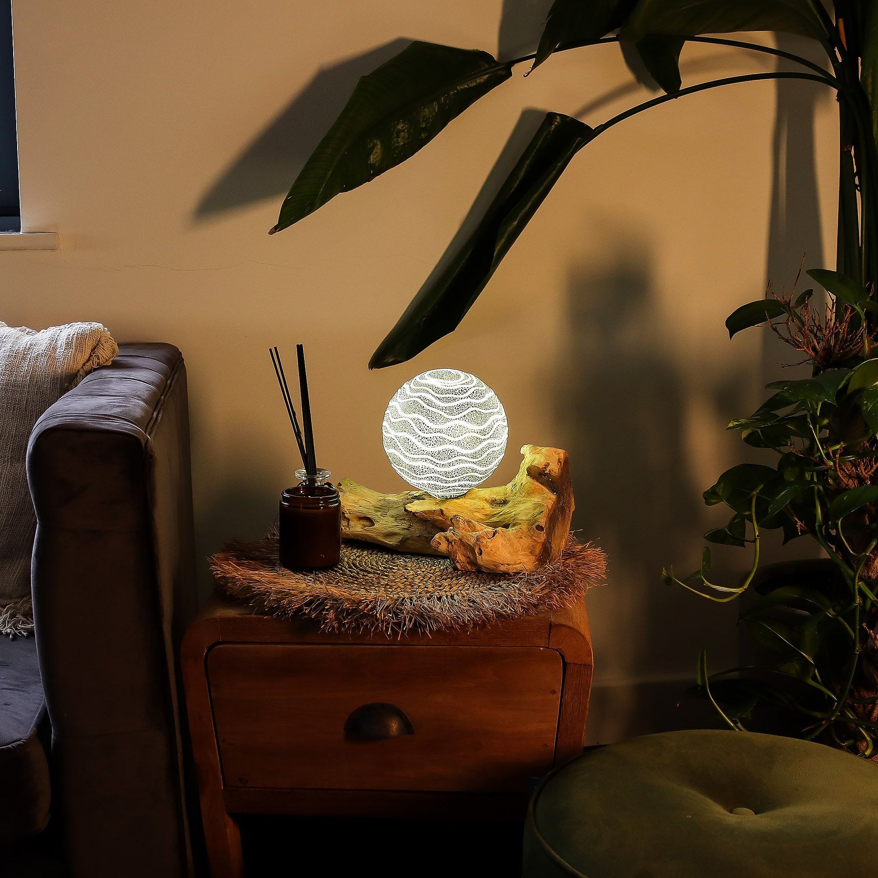Decorative lamp on a wooden side table with a plant in the foreground