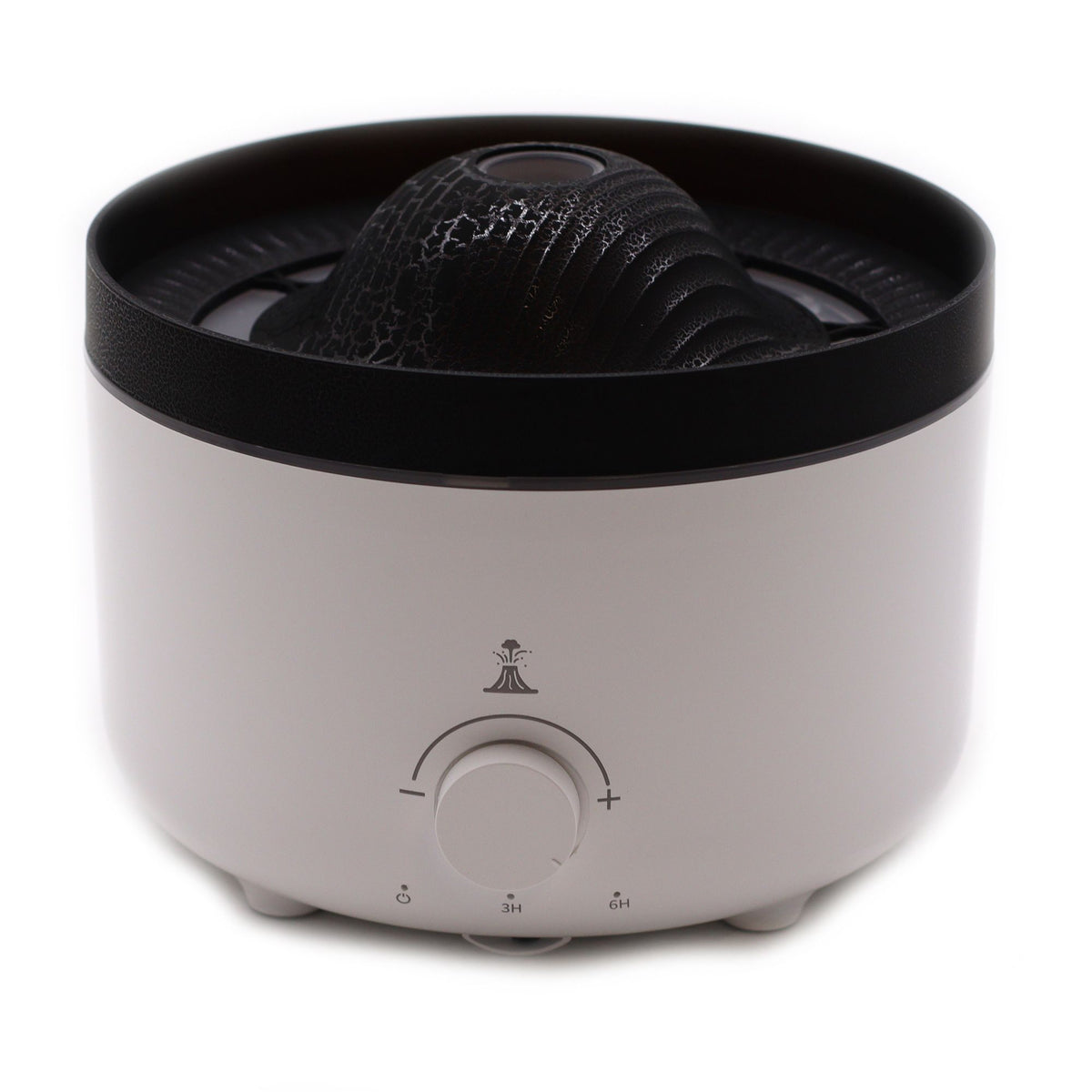 Large black volcano aroma diffuser erupting with swirling coloured mist and glowing LED ring
