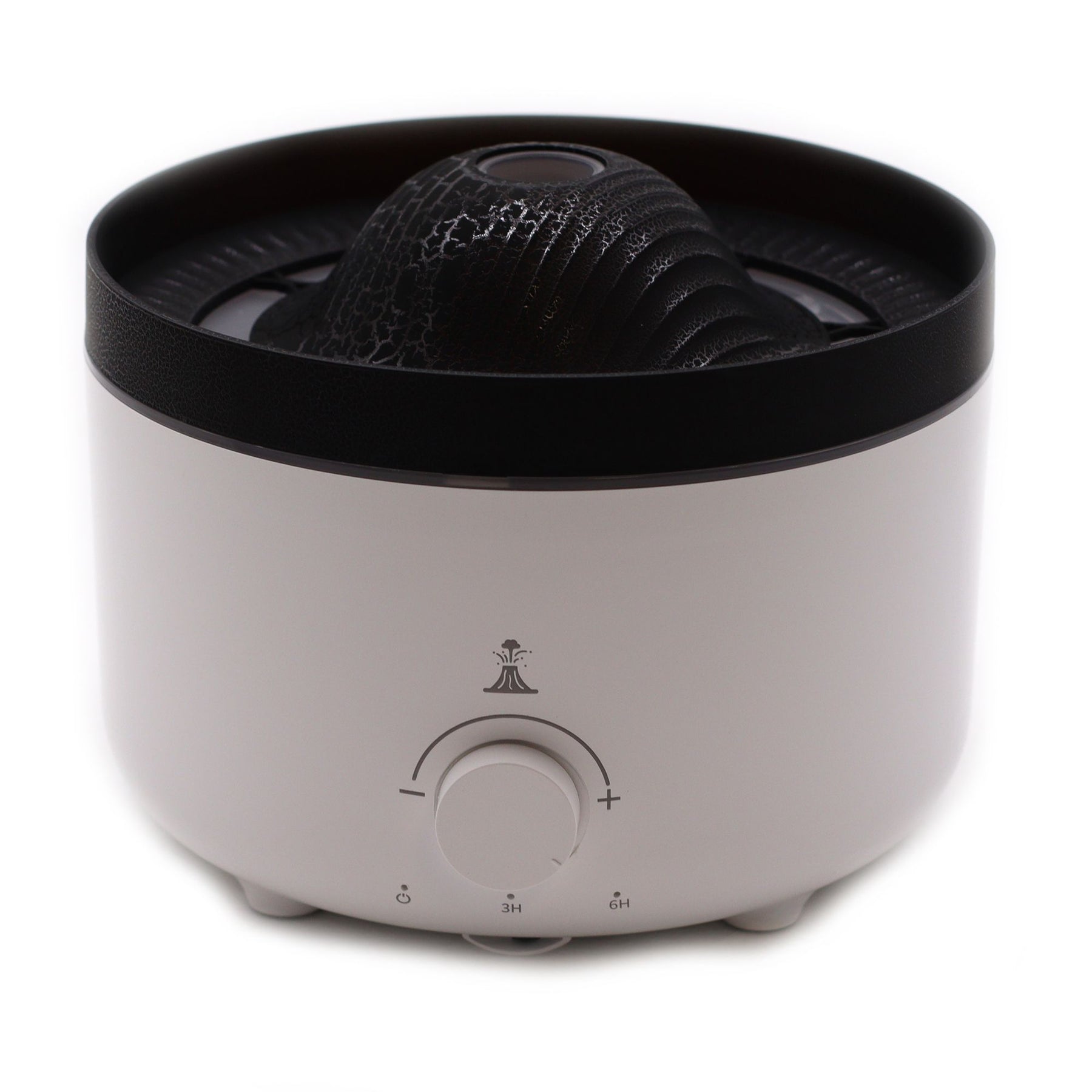 Large black volcano aroma diffuser erupting with swirling coloured mist and glowing LED ring