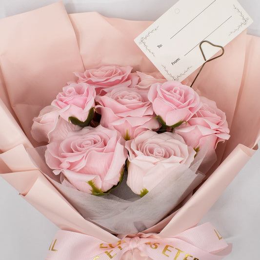 Soap rose bouquet placed beside open gift card with gold heart holder, ready for personal handwritten message
