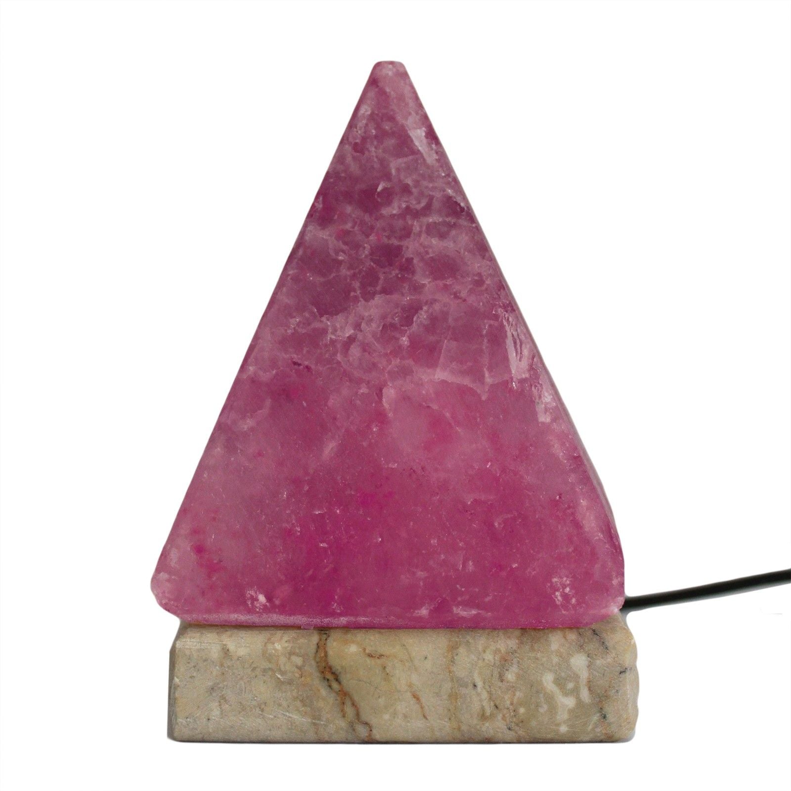 9cm white pyramid Himalayan salt lamp cycling through rainbow colours, pink crystal glowing inside, USB cable