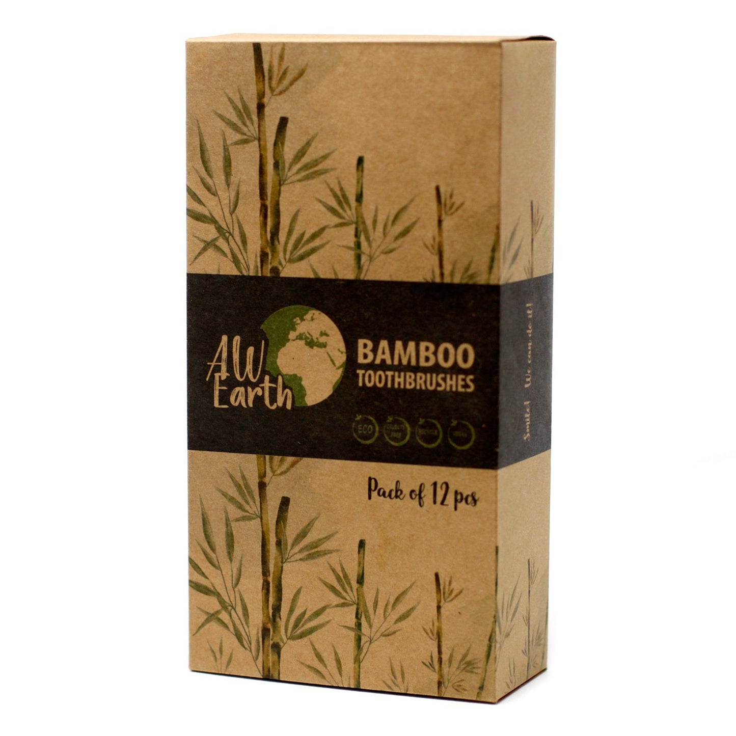 Box of Bamboo Toothbrushes by AW Earth with bamboo illustrations on a white background