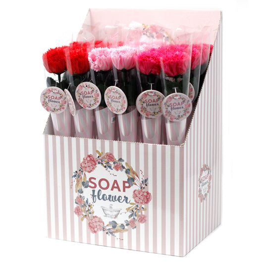 Box of Soap Flower products with red and pink flowers on a white background