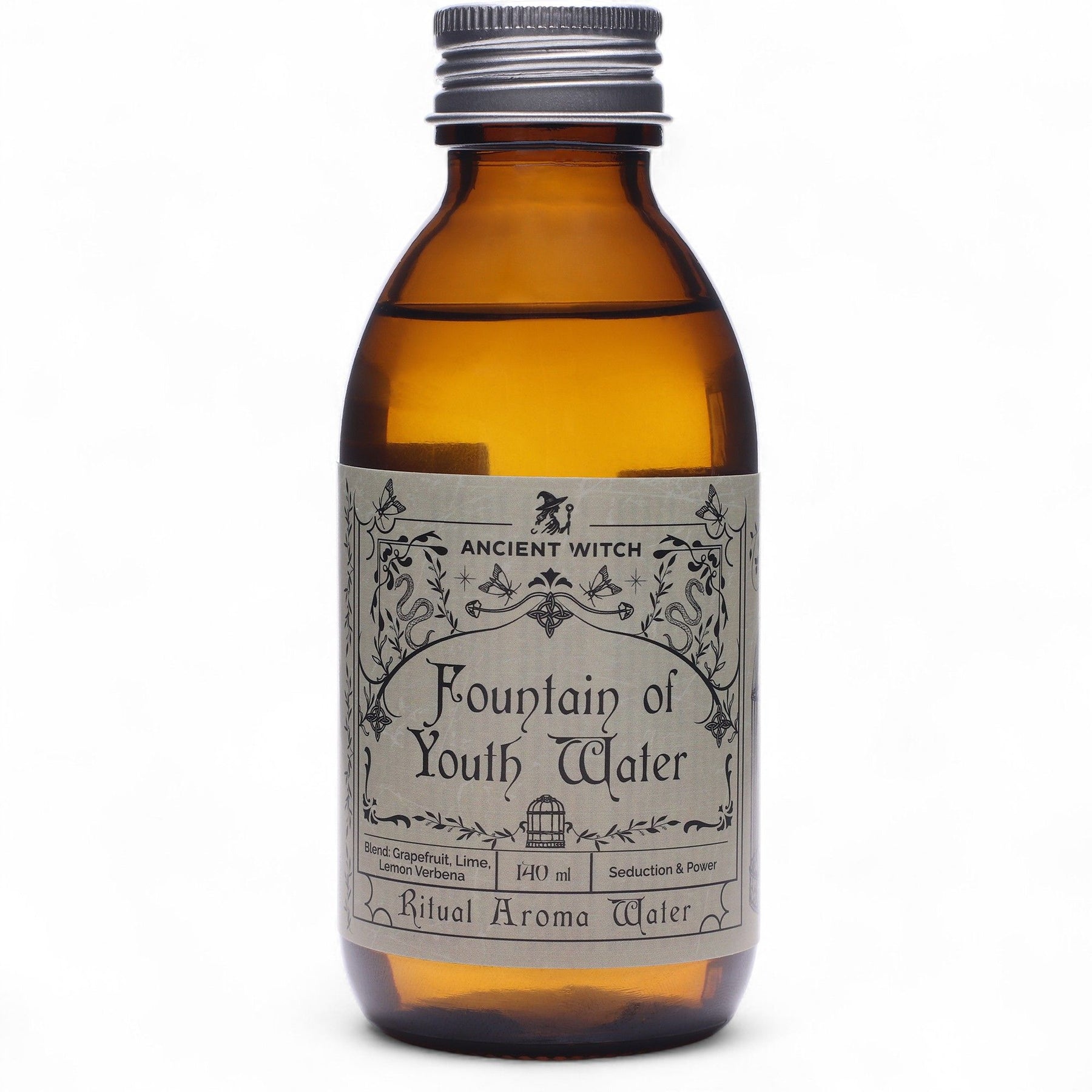140ml amber glass bottle of Fountain of Youth Ritual Water with elegant label
