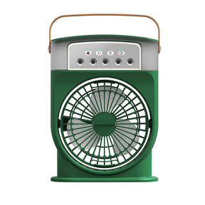 Green portable fan with a brown handle on a white background