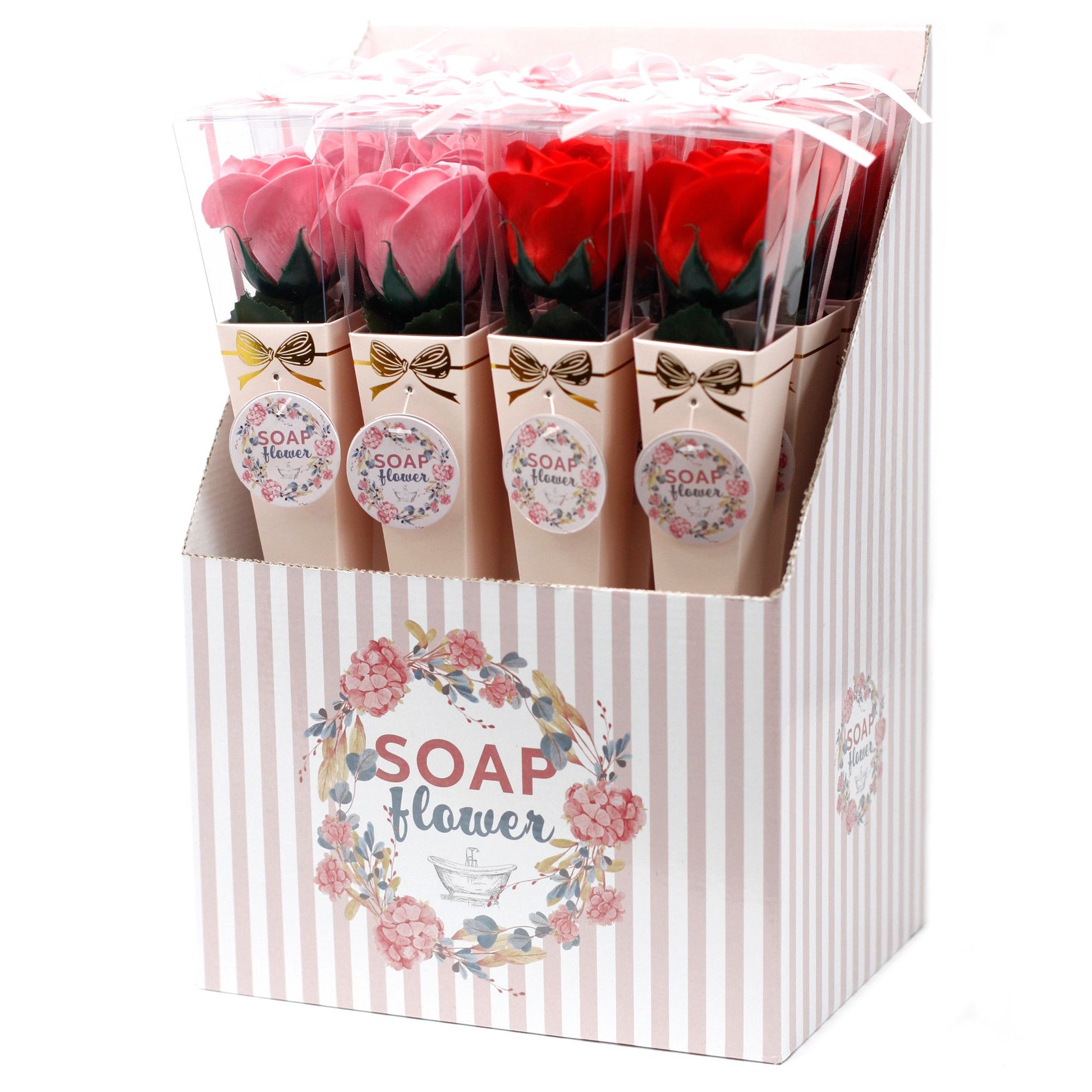Packaged soap flowers in a decorative box with 'SOAP flower'